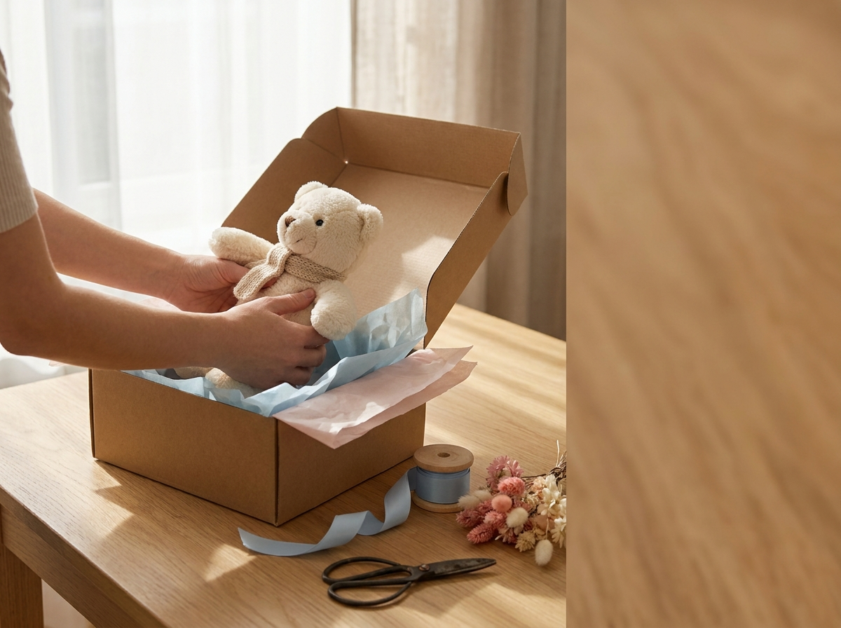 Peluche empaquetée avec soin dans un colis kraft Image