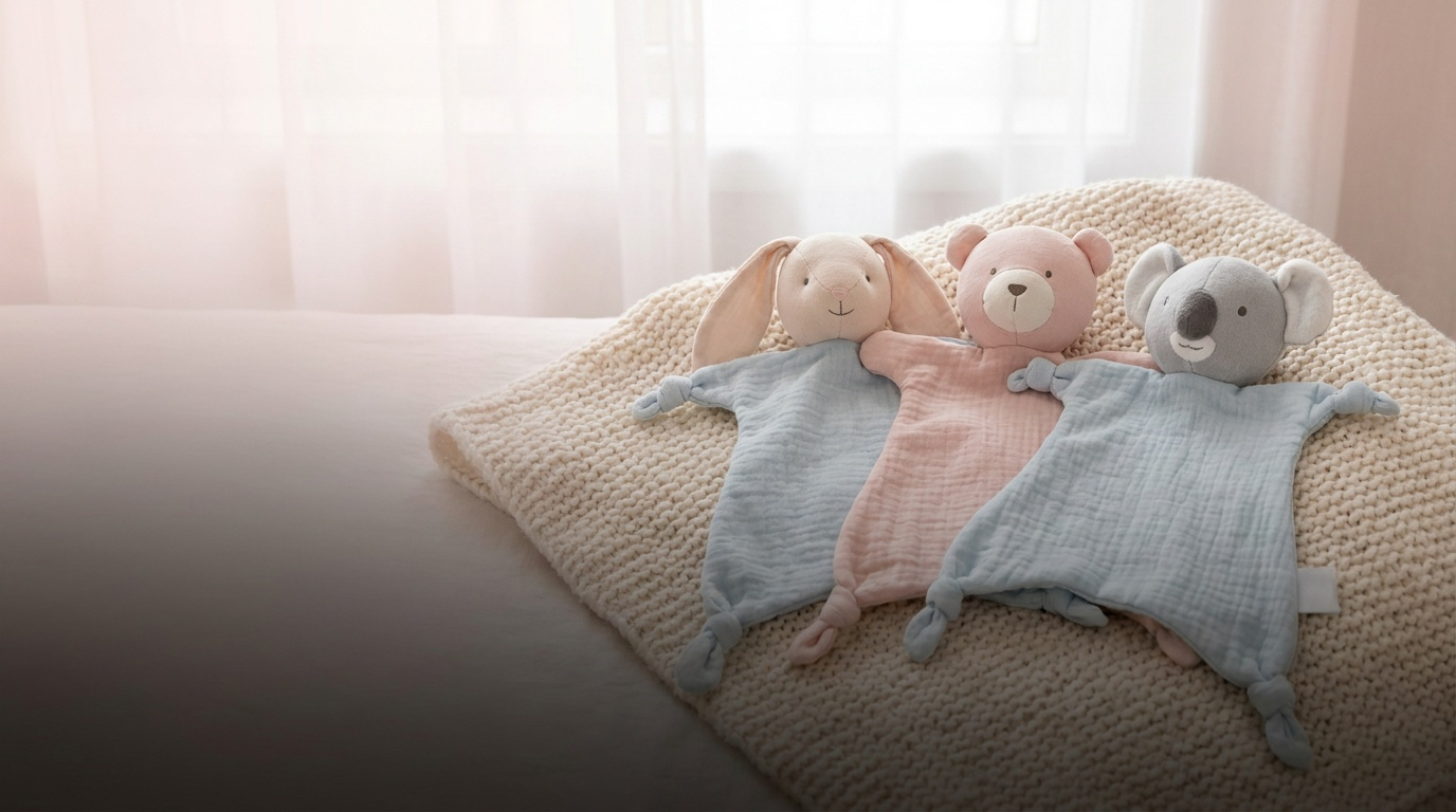Doudous et peluches pastel pour bébé sur une couverture crème