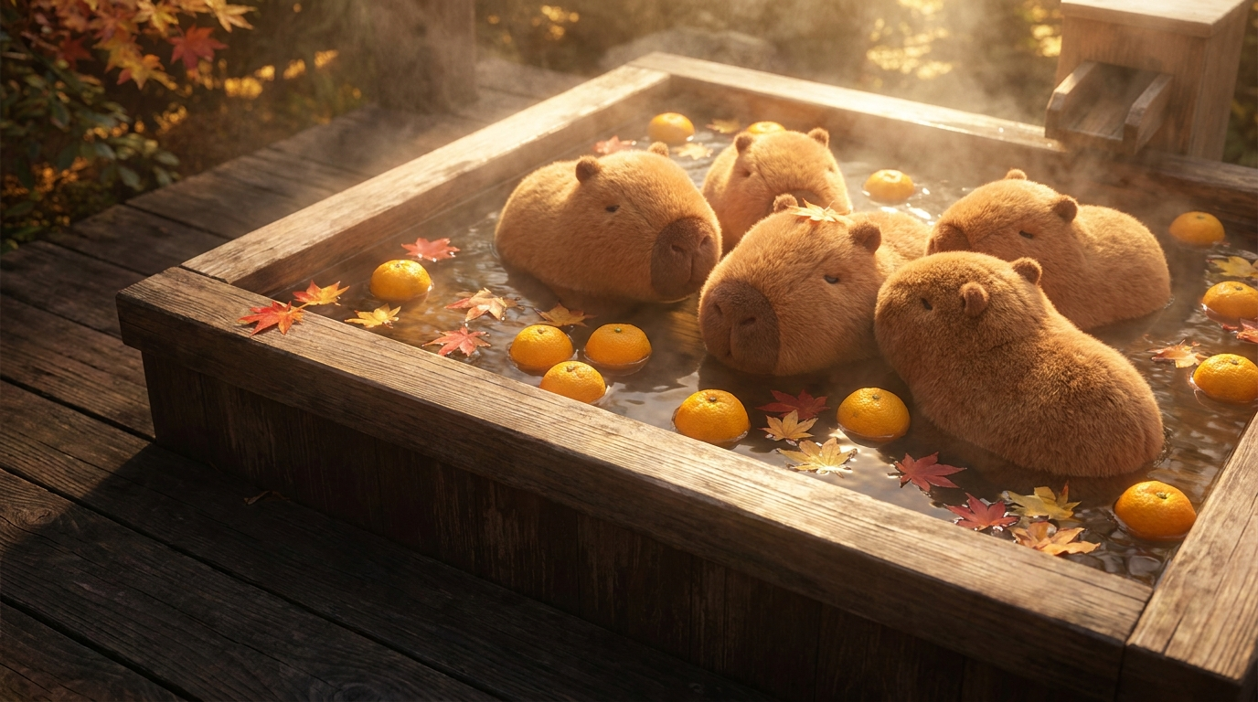 Peluches capybaras dans un bain chaud aux agrumes