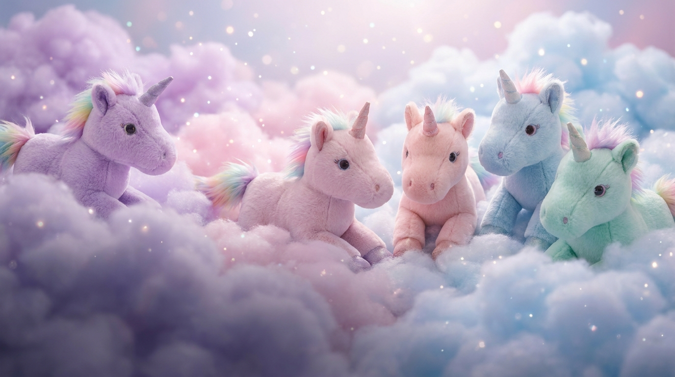Peluches licornes pastel parmi les nuages