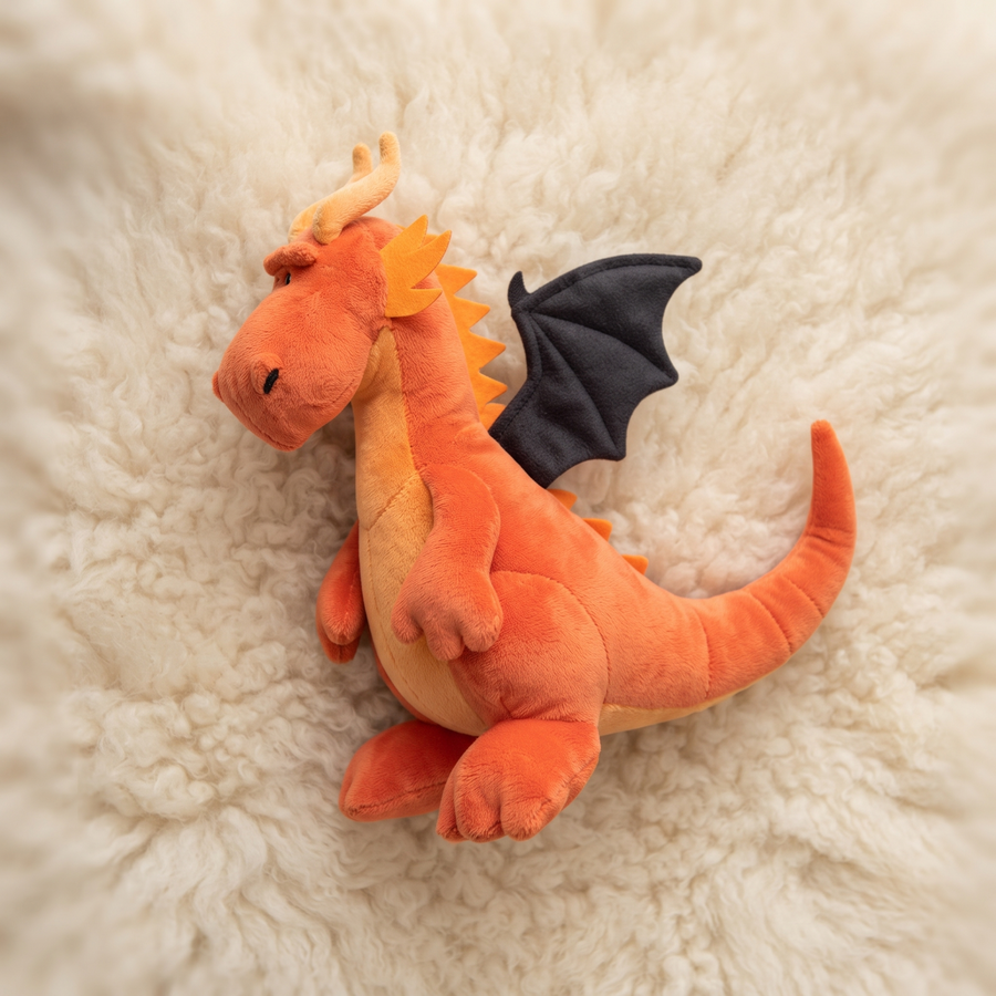 Orangefarbenes Drachen-Kuscheltier mit schwarzen Flügeln - Détail matière