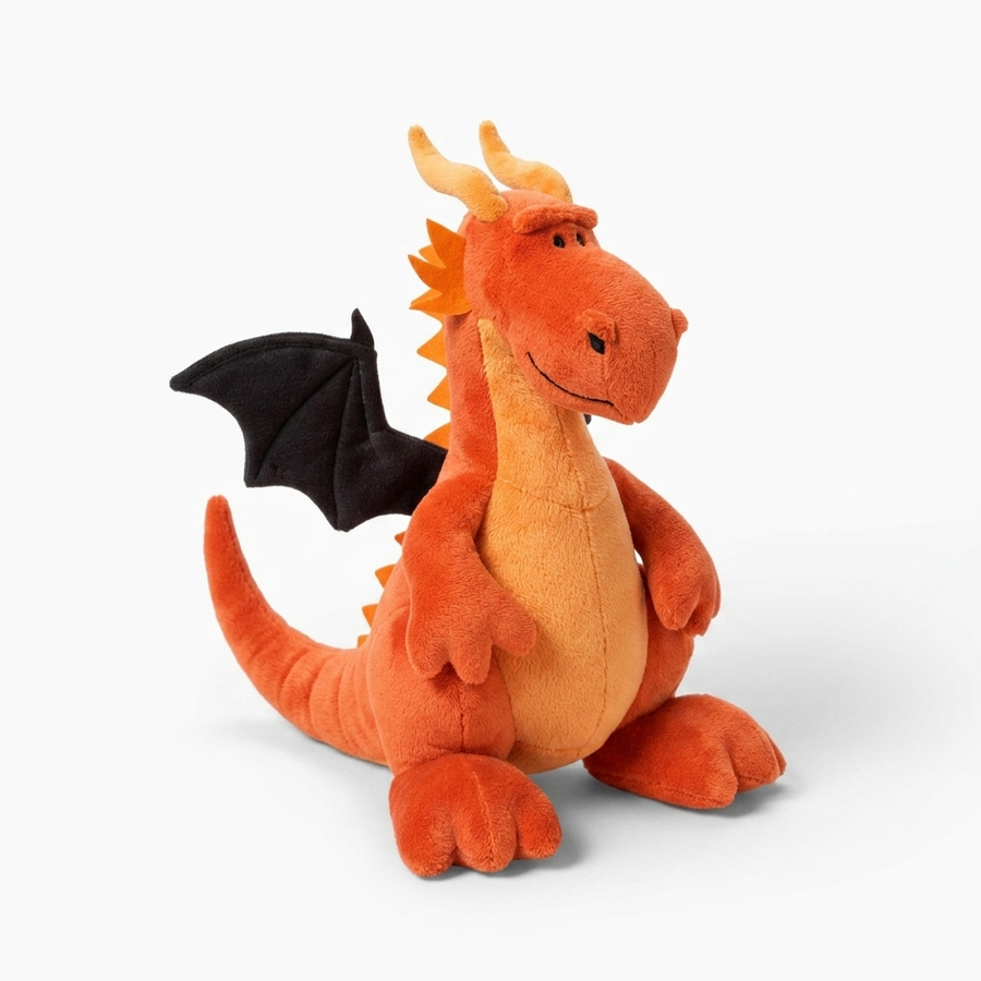 Orangefarbenes Drachen-Kuscheltier mit schwarzen Flügeln - Fond blanc angle
