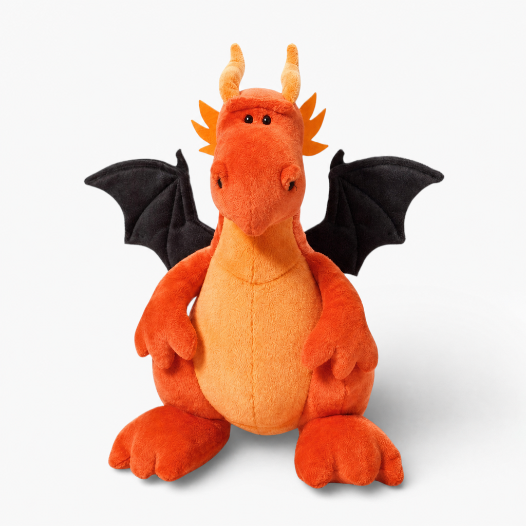 Orangefarbenes Drachen-Kuscheltier mit schwarzen Flügeln - Fond blanc frontal
