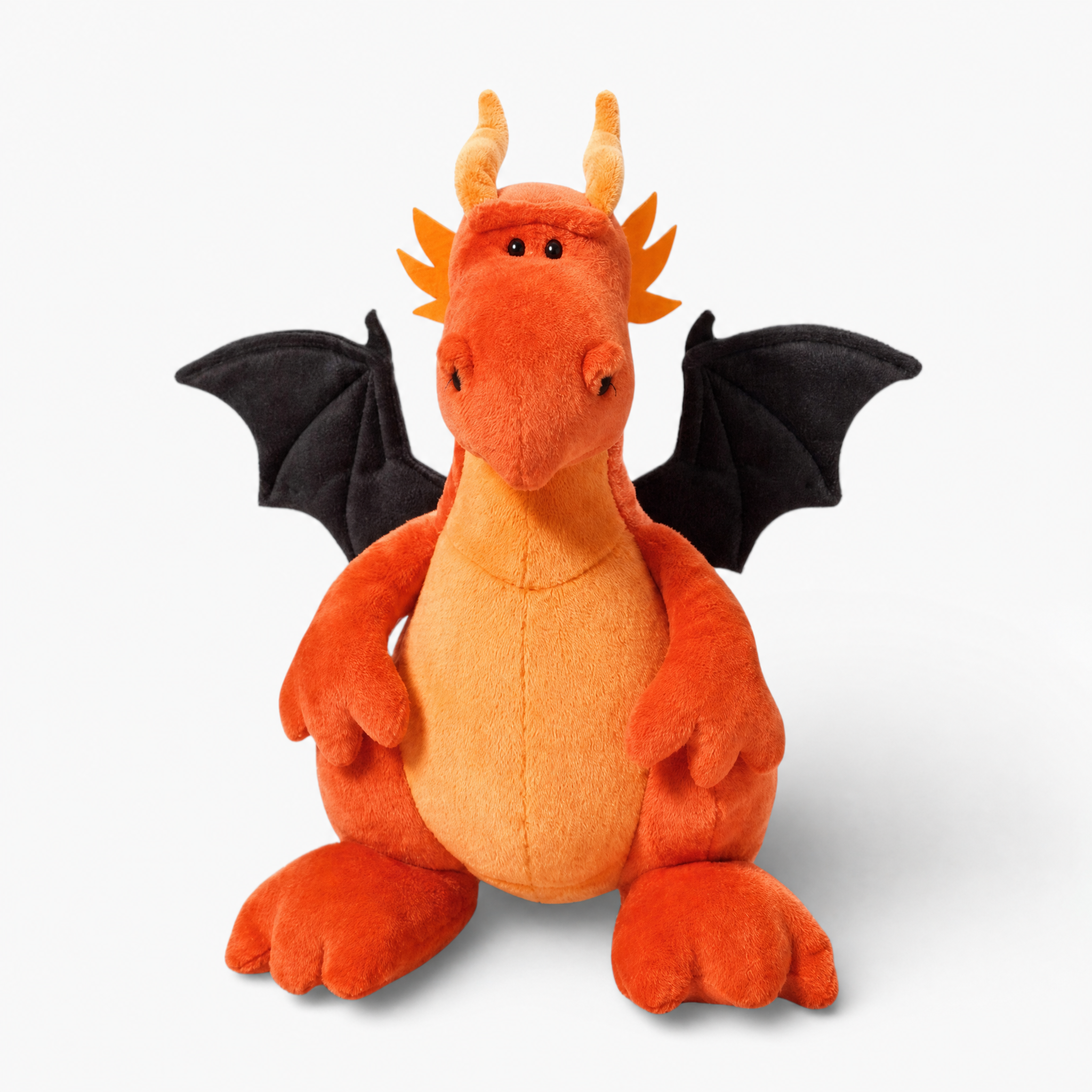 Orangefarbenes Drachen-Kuscheltier mit schwarzen Flügeln - Fond blanc frontal