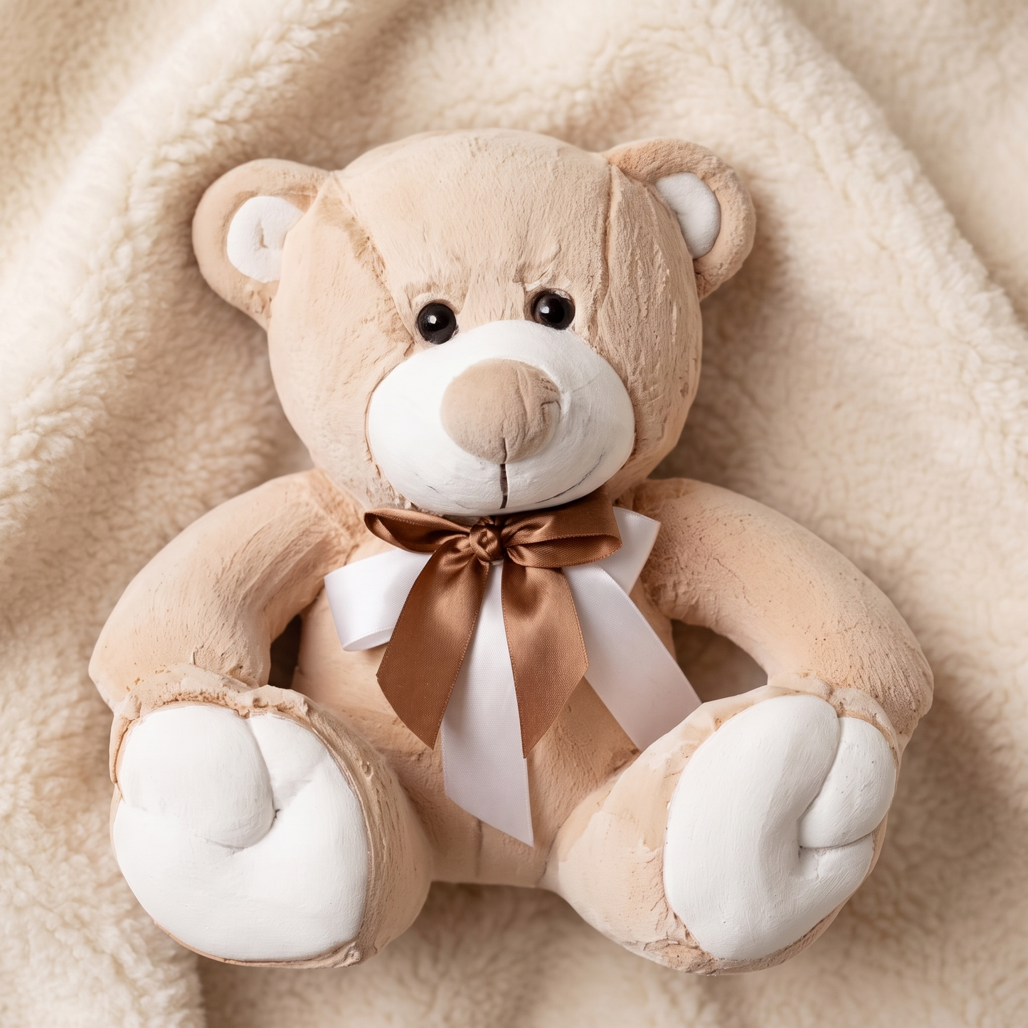 Ours en Peluche Beige et Blanc avec Nœud Doré - Detail matière