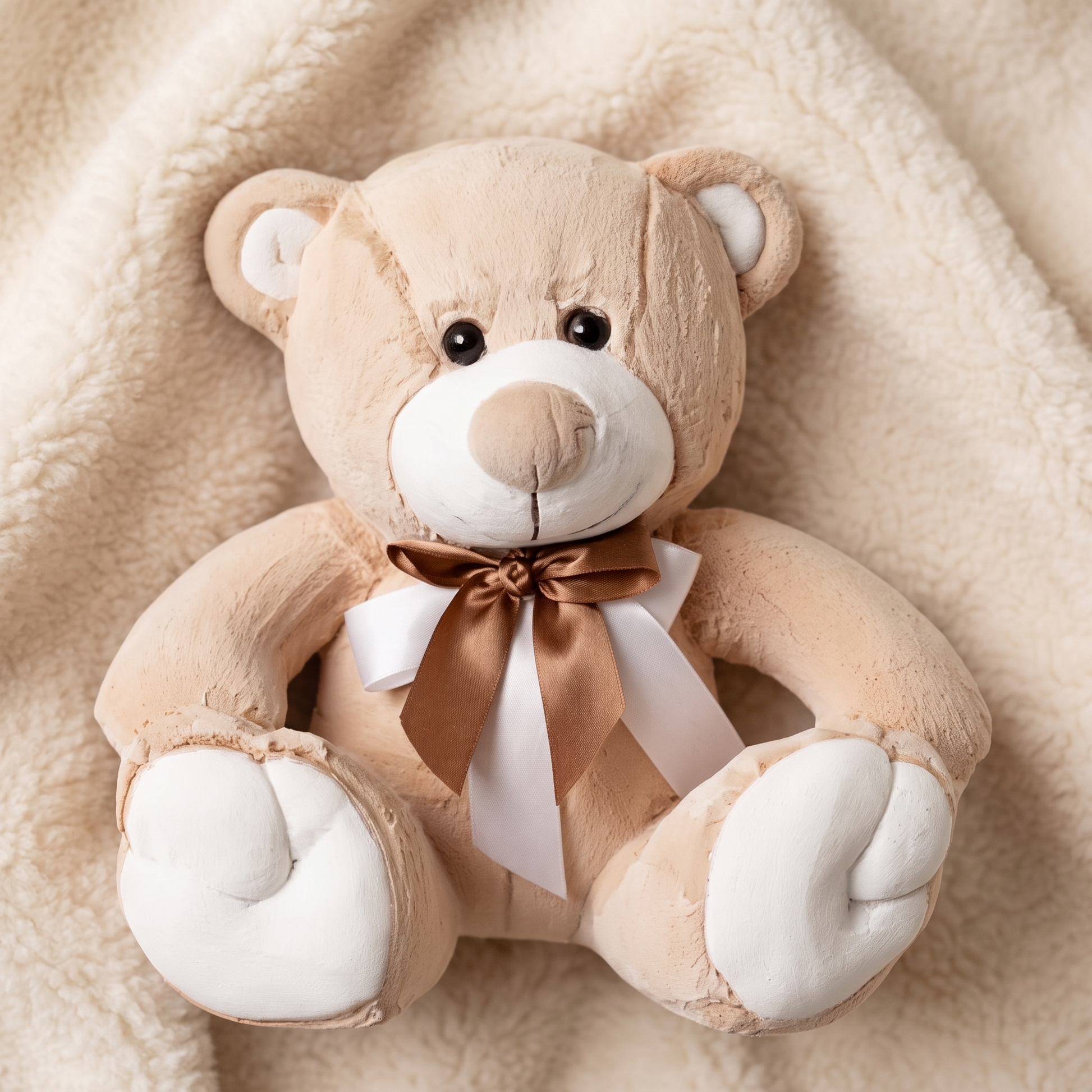 Ours en Peluche Beige et Blanc avec Nœud Doré - Detail matière