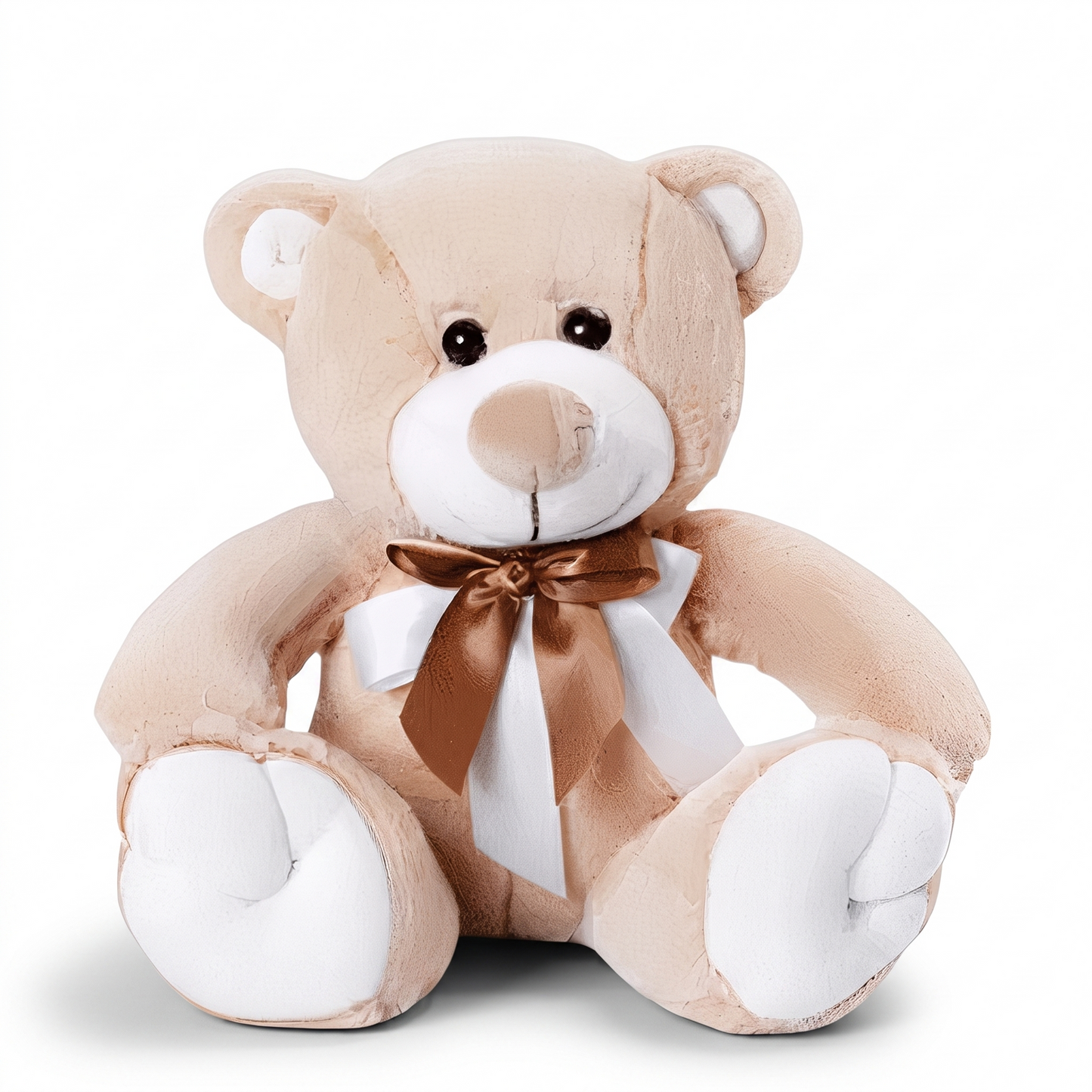 Ours en Peluche Beige et Blanc avec Nœud Doré - fond blanc Frontal