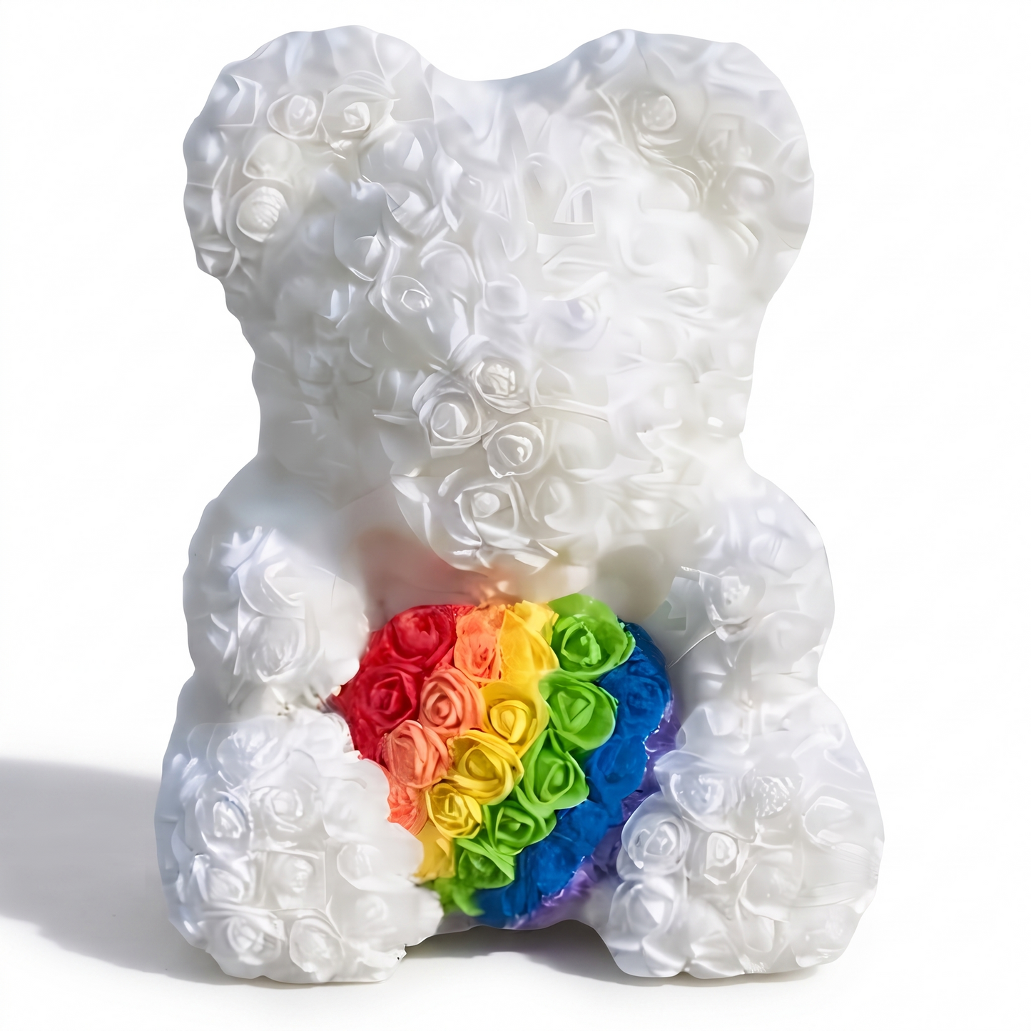 Ours en Roses Blanc Cœur Arc-en-ciel 40 cm - fond blanc Frontal
