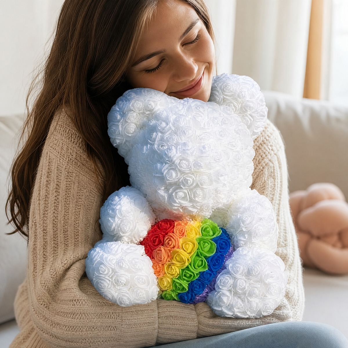 Ours en Roses Blanc Cœur Arc-en-ciel 40 cm - Utilisation cosy intérieur