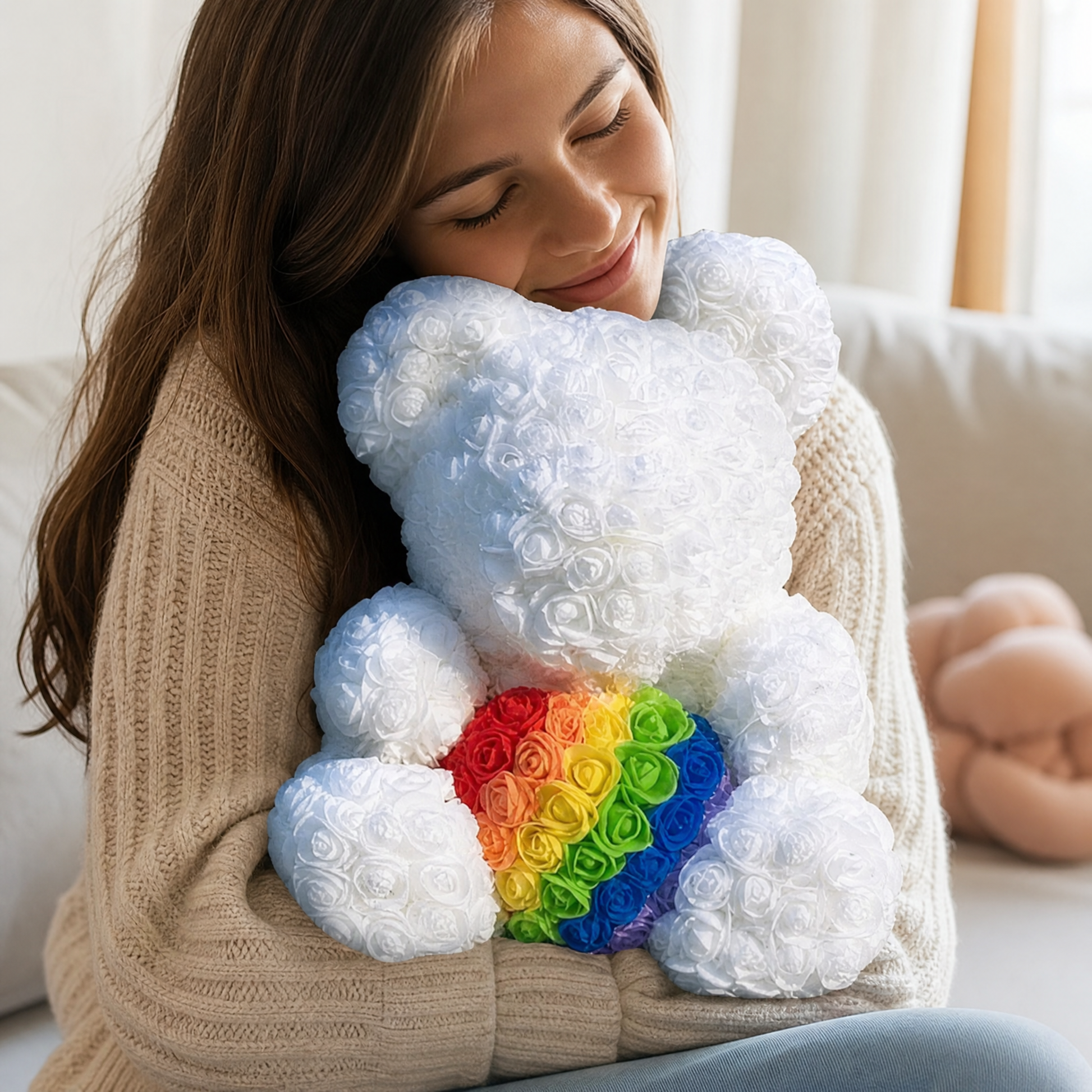 Ours en Roses Blanc Cœur Arc-en-ciel 40 cm - Utilisation cosy intérieur