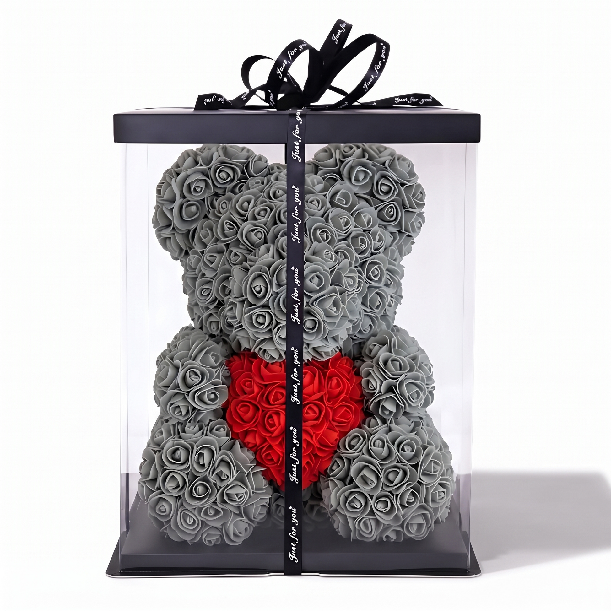 Ours en Roses Gris Cœur Rouge Coffret - fond blanc Frontal