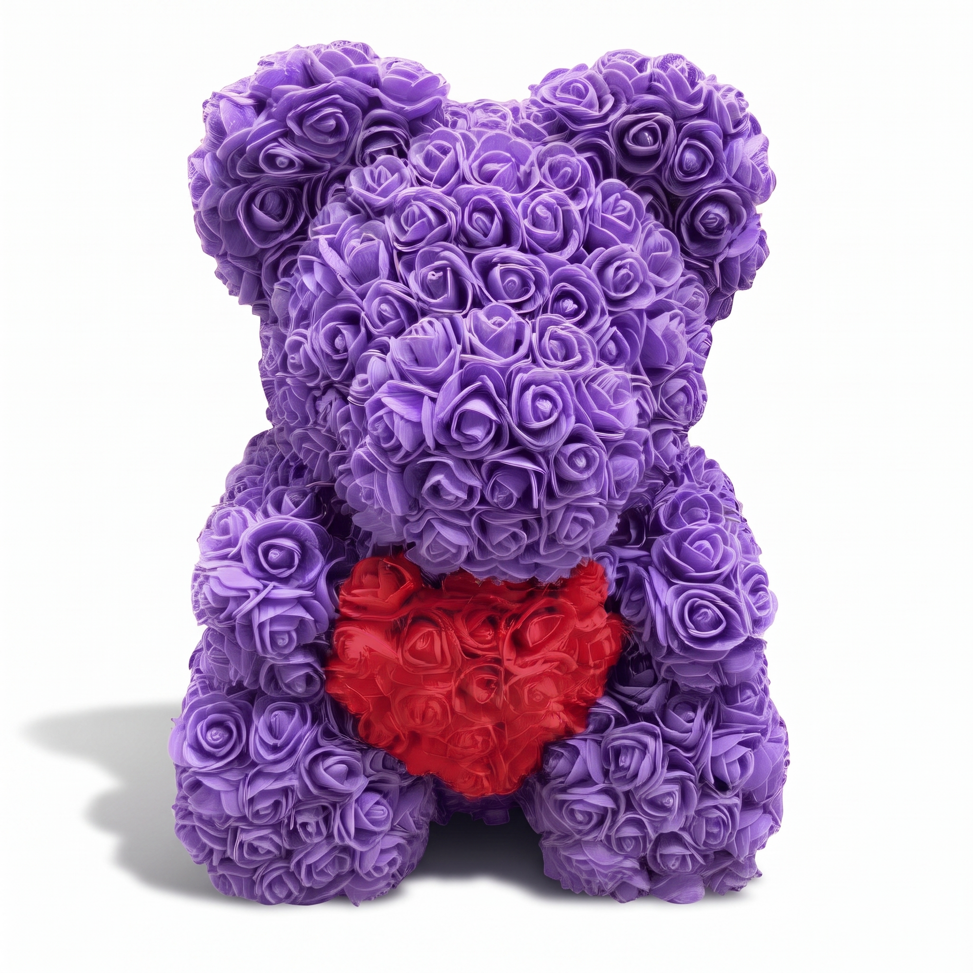 Ours en Roses Violet avec Cœur Rouge - fond blanc Frontal