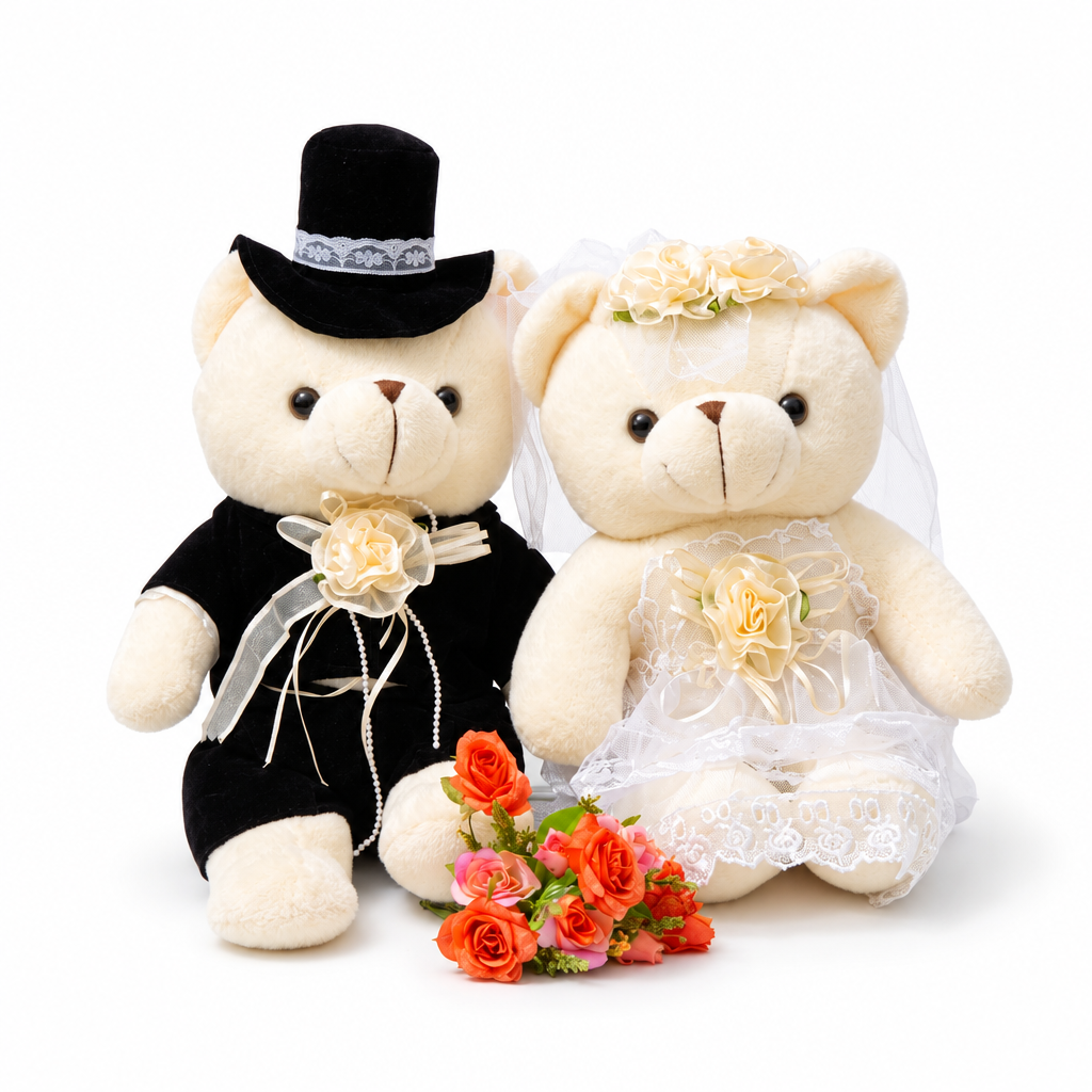 Ours Peluche Mariés - Couple Costume Mariage - fond blanc Frontal