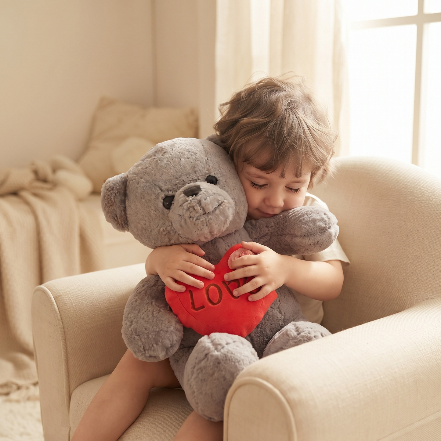 Ourson en Peluche Gris avec Cœur Love - Utilisation cosy intérieur