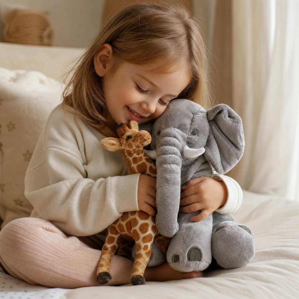 Pack Peluche Savane Éléphant et Girafe - Utilisation cosy intérieur