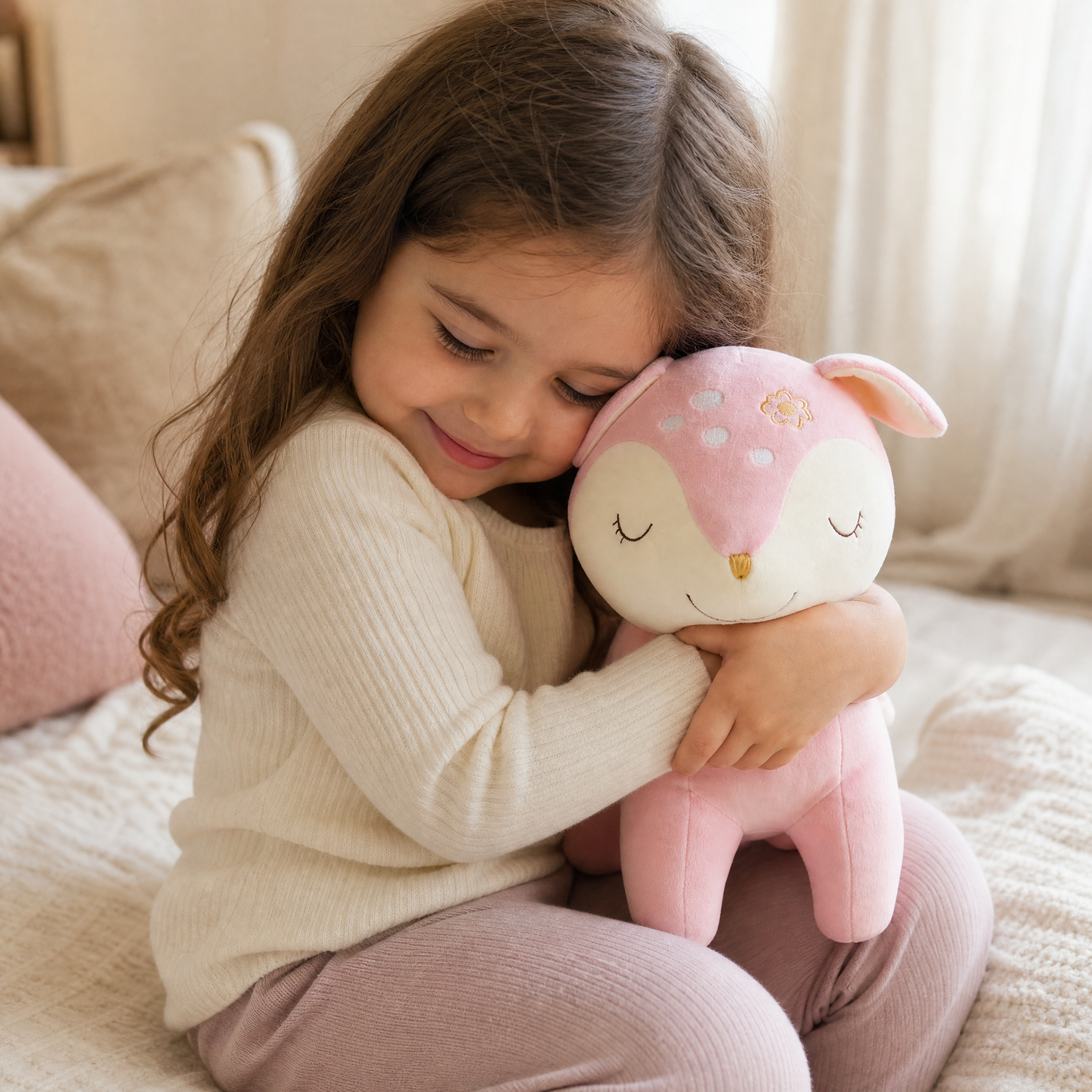 Peluche Biche Rassurante 28cm Rose ou Marron - Utilisation cosy intérieur