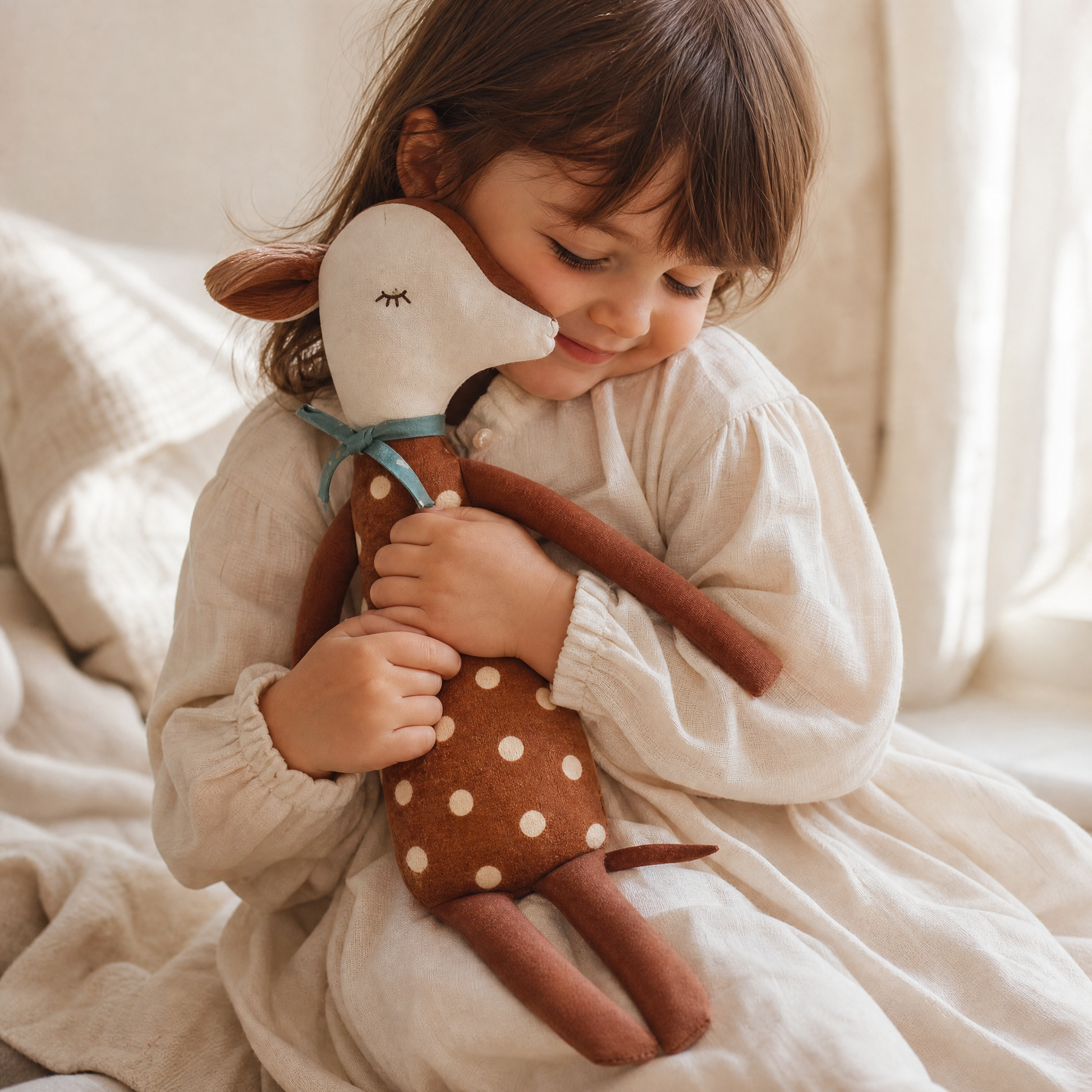 Peluche Biche Tissu Marron à Pois - Utilisation cosy intérieur