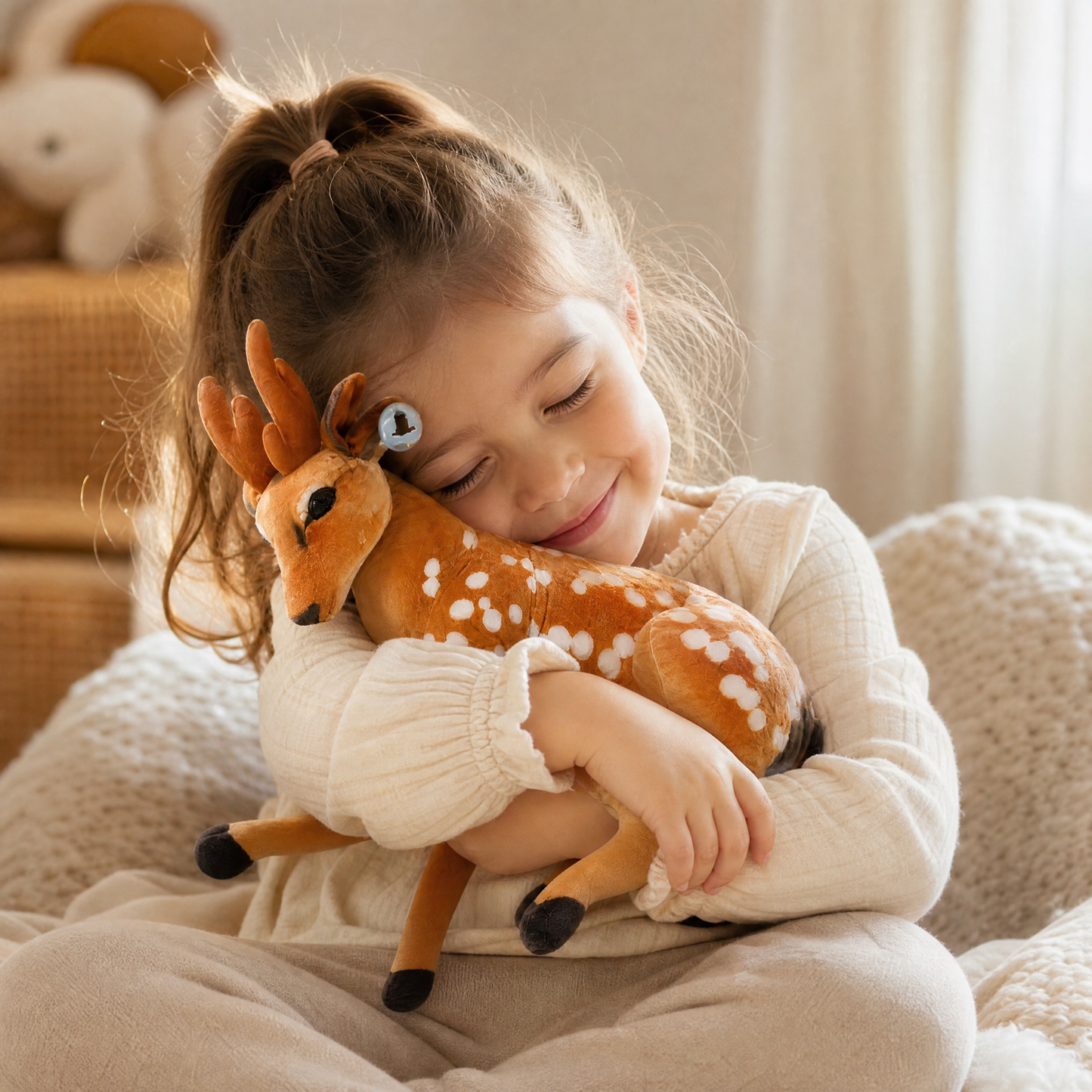 Peluche Cerf Géante avec Taches Blanches - Utilisation cosy intérieur