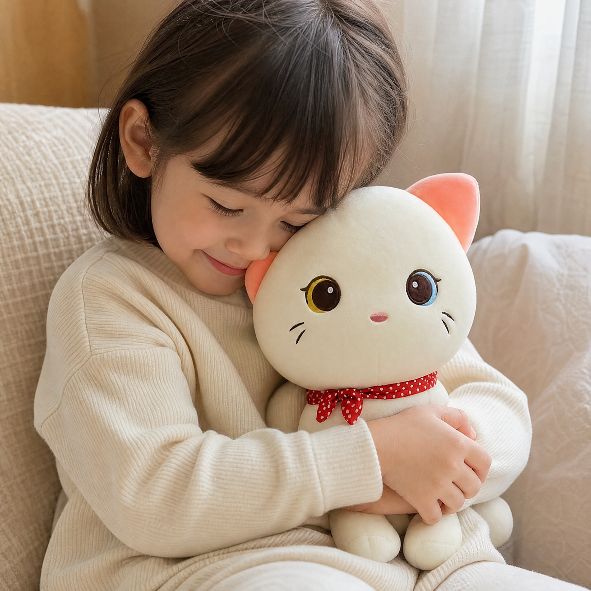 Peluche Chat Blanc Yeux Vairons Foulard - Utilisation cosy intérieur