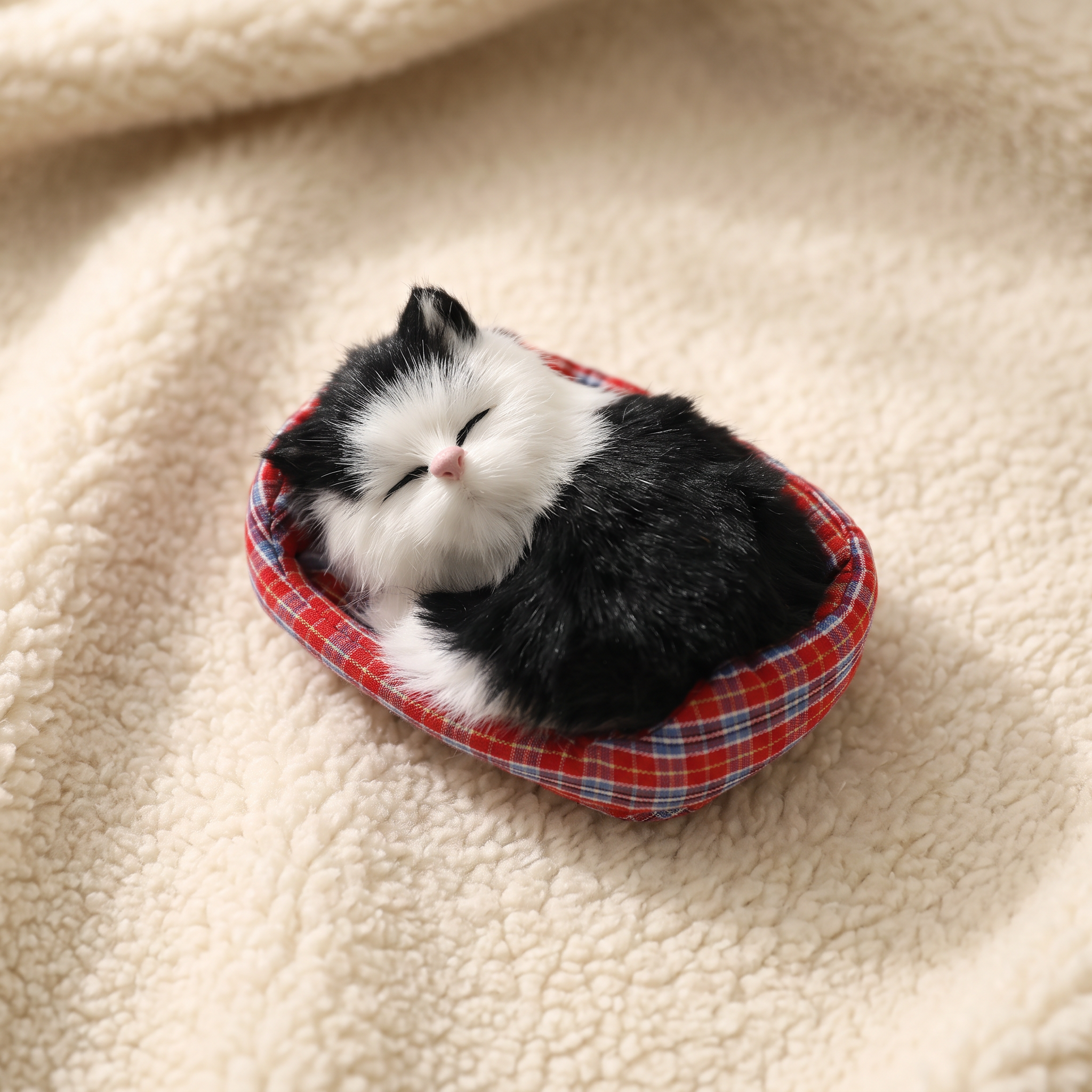 Peluche Chat Endormi avec Panier Décoratif - Detail matière