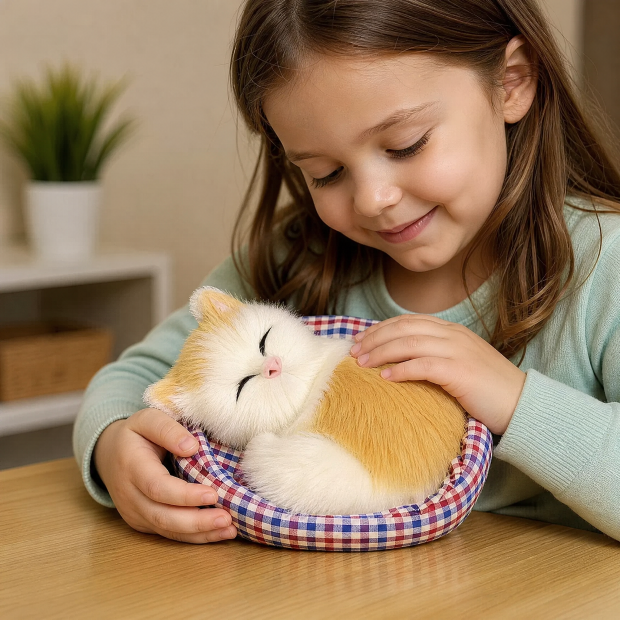 Peluche Chat Endormi avec Panier Décoratif - Utilisation cosy intérieur