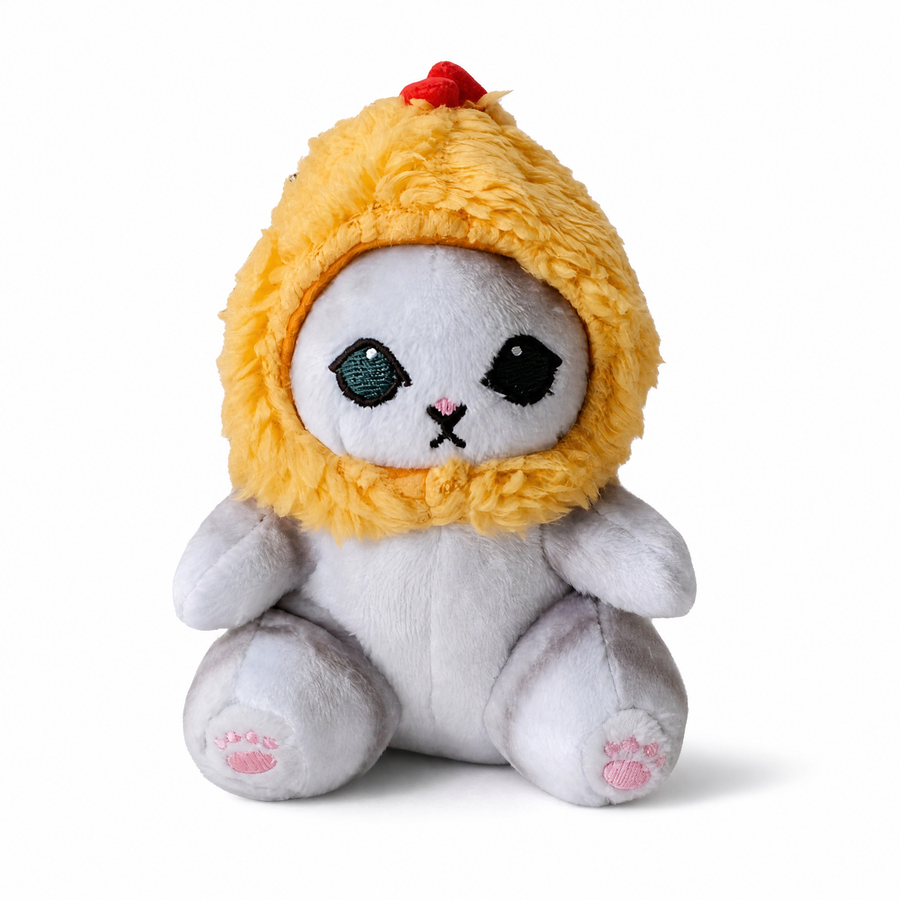 Peluche Chat Poulet avec Cagoule Jaune - Fond blanc frontal