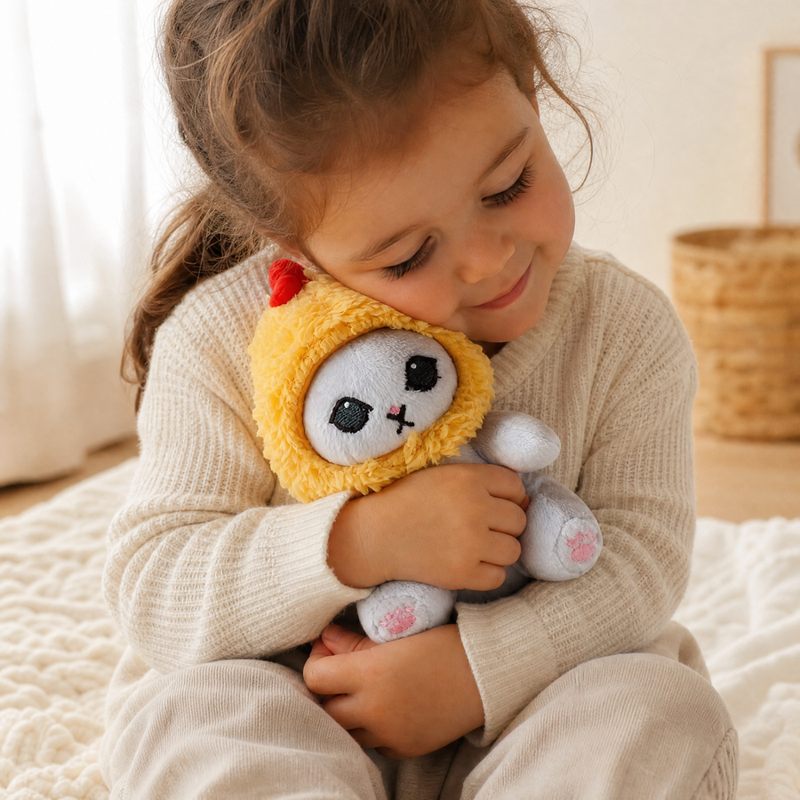 Peluche Chat Poulet avec Cagoule Jaune - Utilisation cosy intérieur