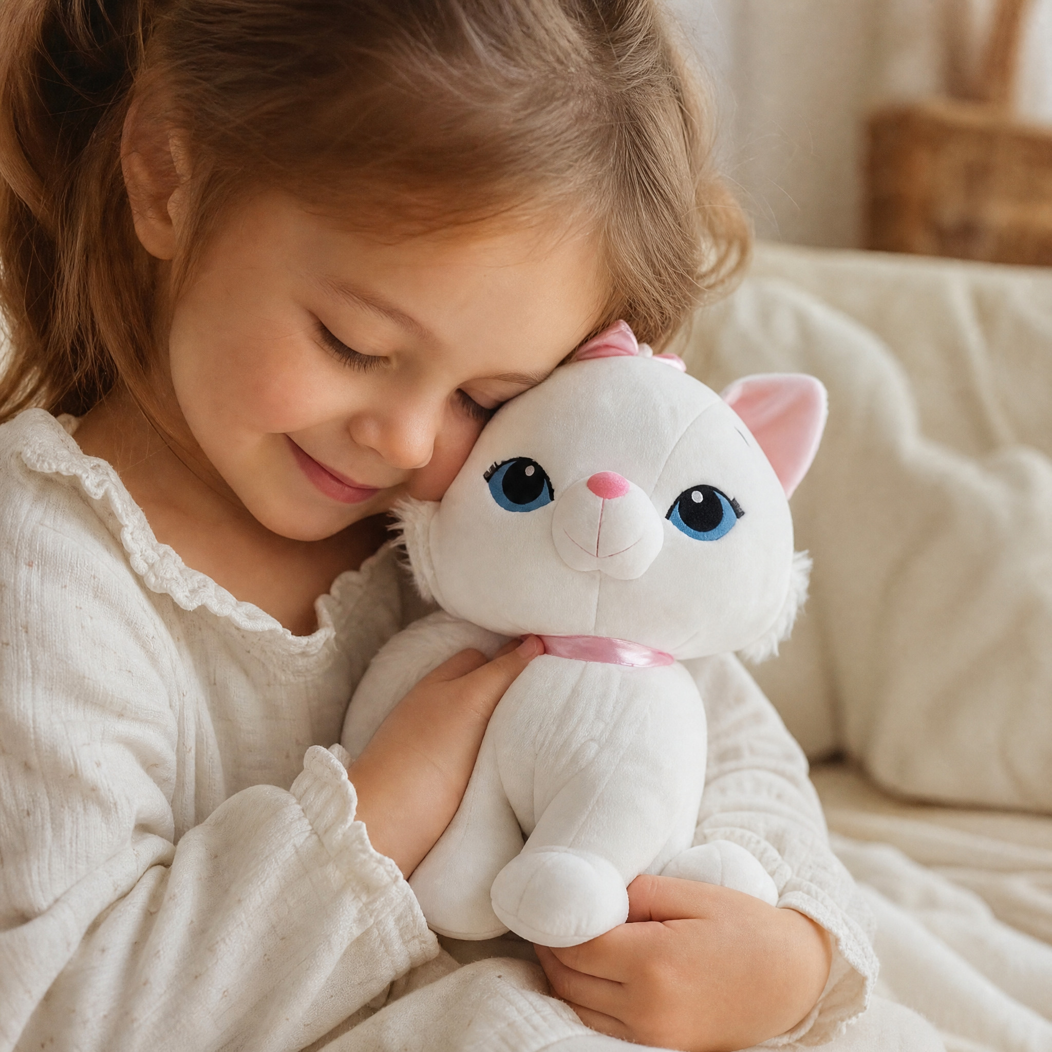 Peluche Chaton Blanc aux Yeux Bleus - Utilisation cosy intérieur