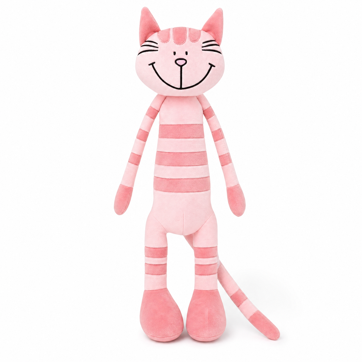 Peluche Chaton Rose Tigré aux Longues Pattes - Fond blanc frontal