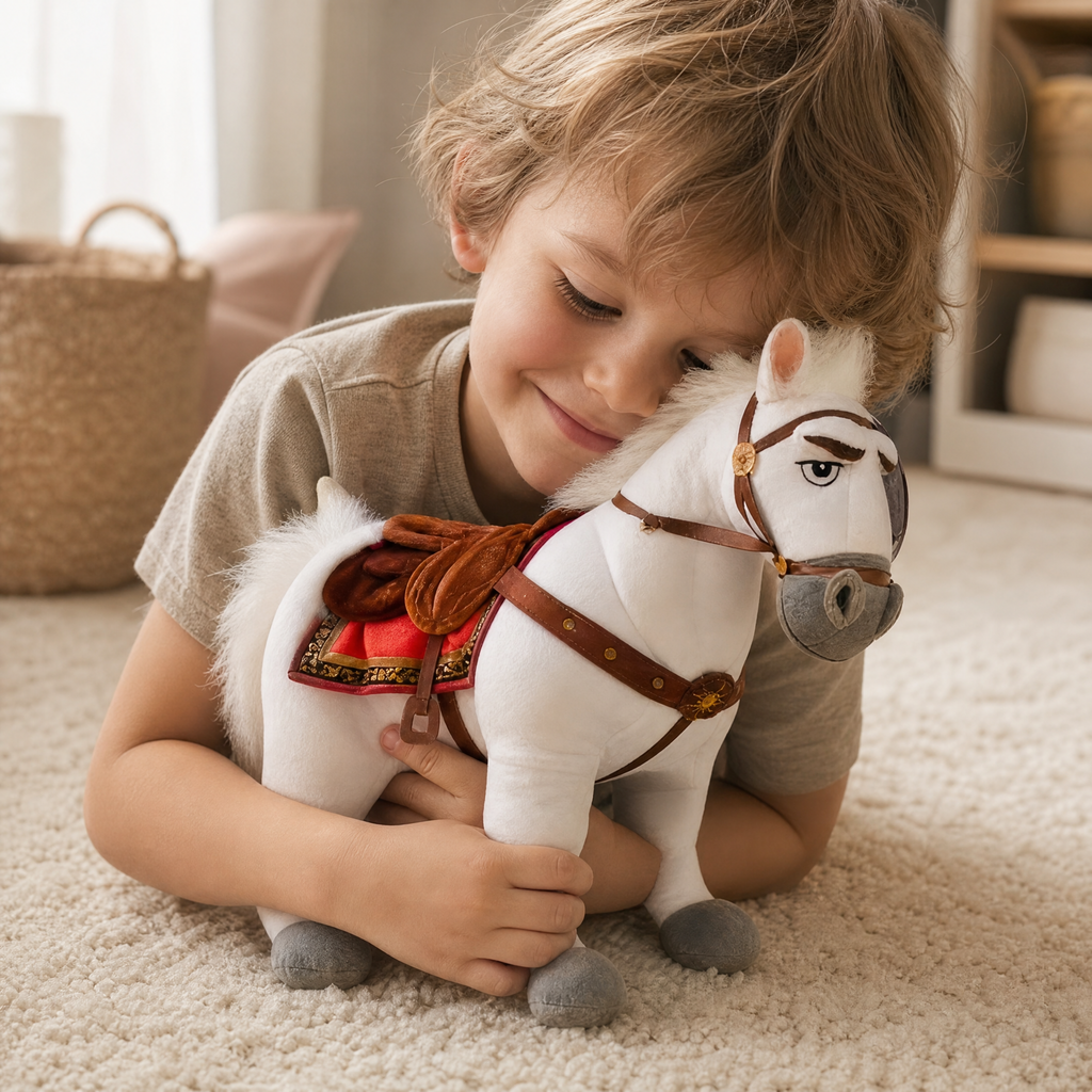 Peluche Cheval Blanc Maximus avec Harnais - Utilisation cosy intérieur