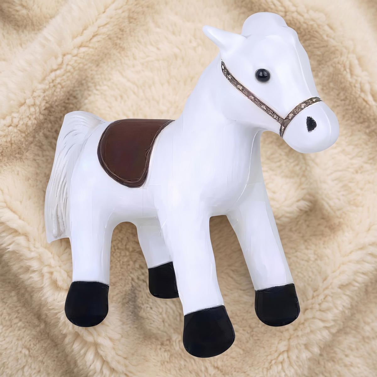 Peluche Cheval Blanc Selle Marron 35 cm - Détail matière