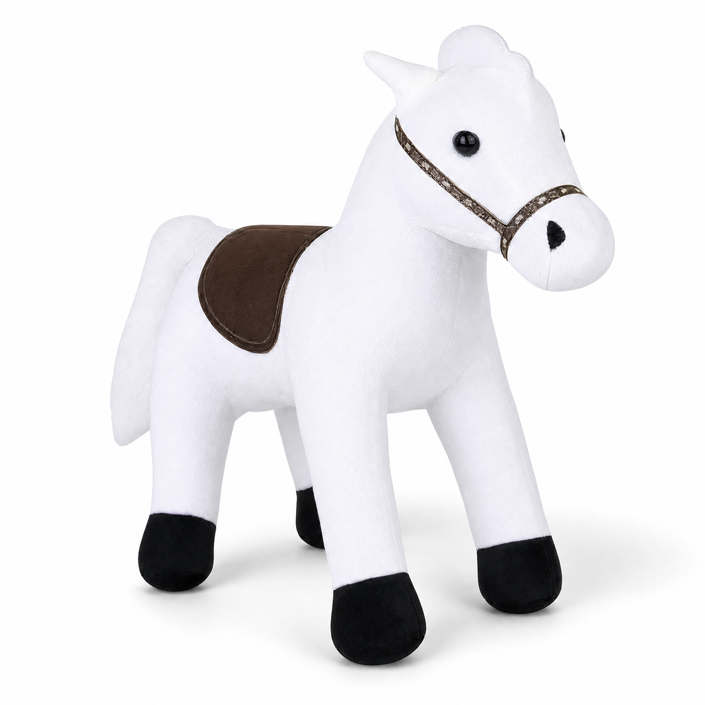 Peluche Cheval Blanc Selle Marron 35 cm - Fond blanc frontal
