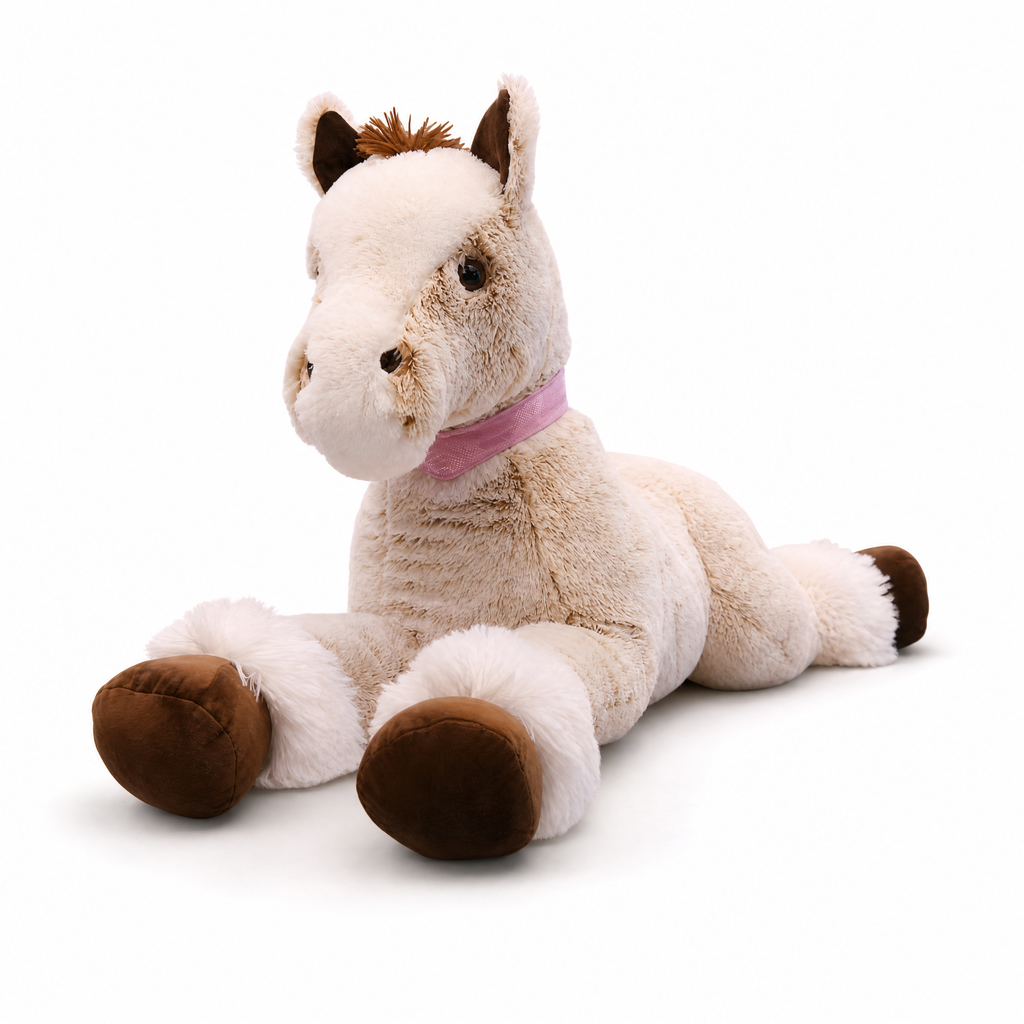 Peluche Cheval Géante Beige Couchée 90 cm - Fond blanc frontal