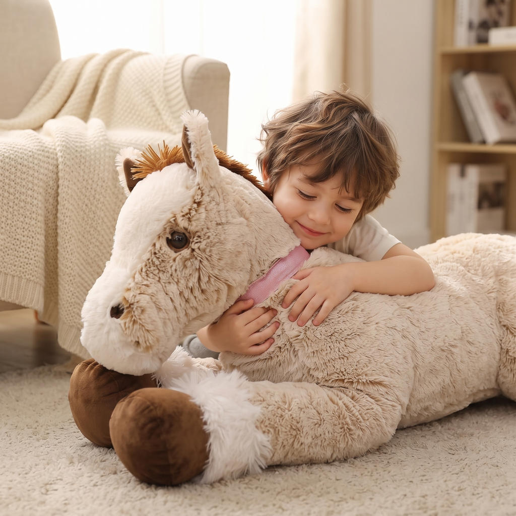 Peluche Cheval Géante Beige Couchée 90 cm - Utilisation cosy intérieur