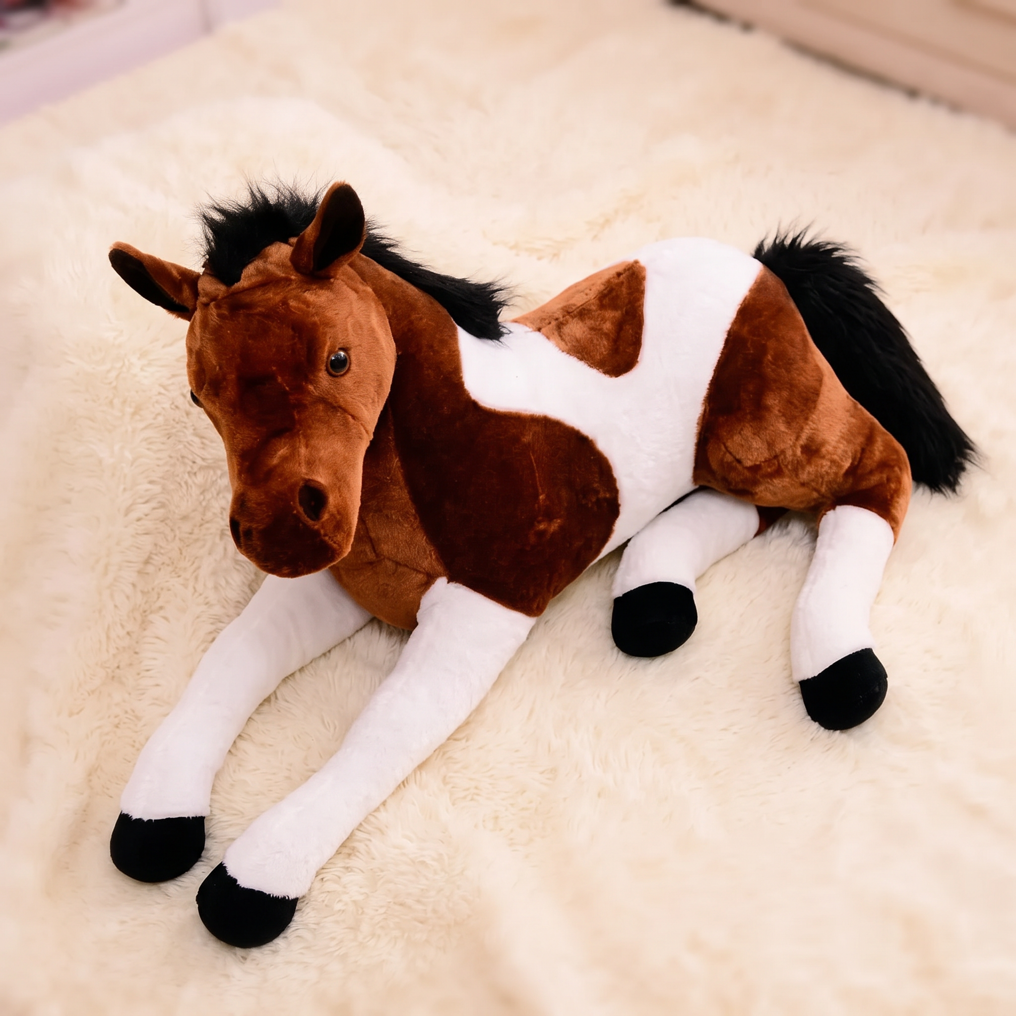 Peluche Cheval Géante Blanc Marron 70cm - Détail matière