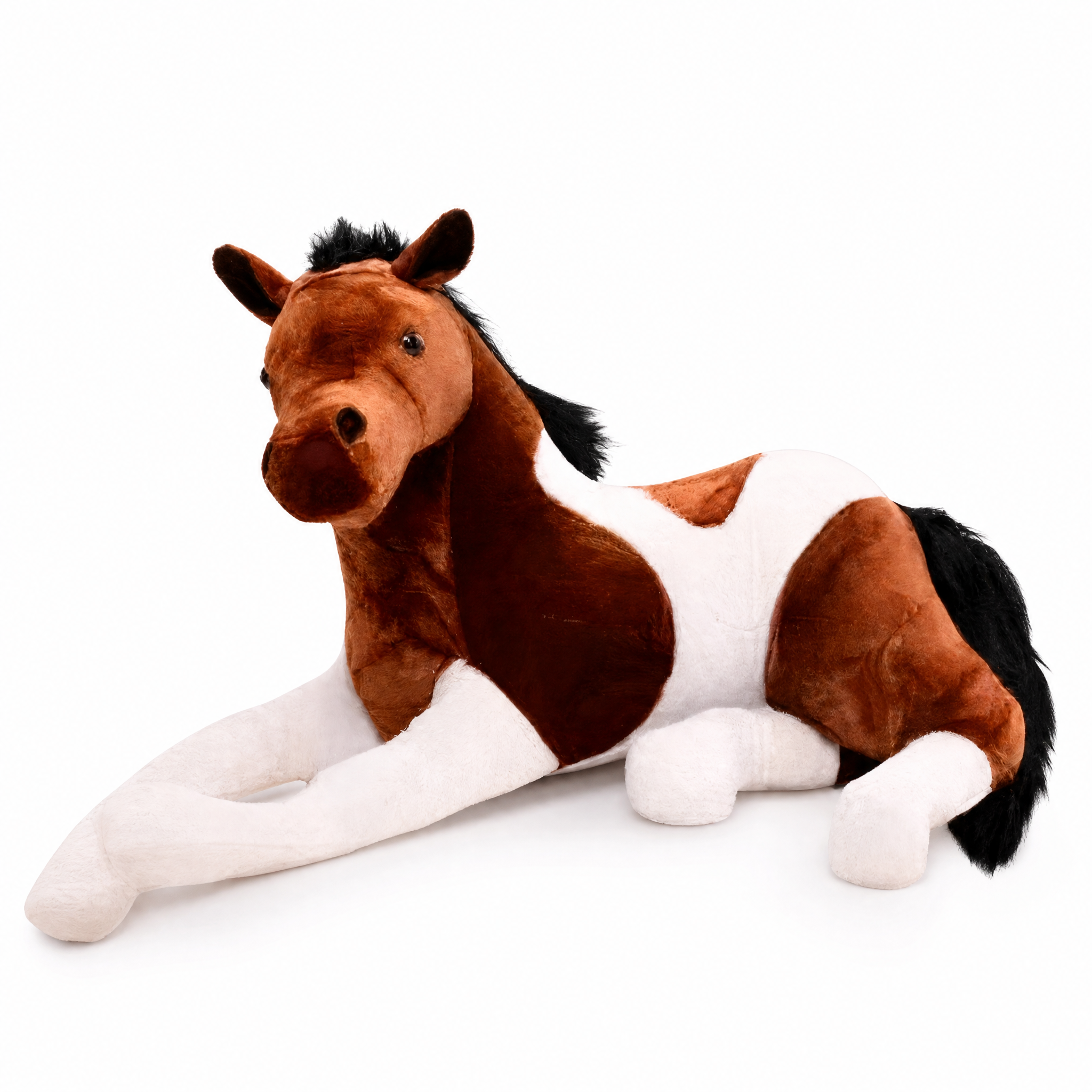 Peluche Cheval Géante Blanc Marron 70cm - Fond blanc frontal