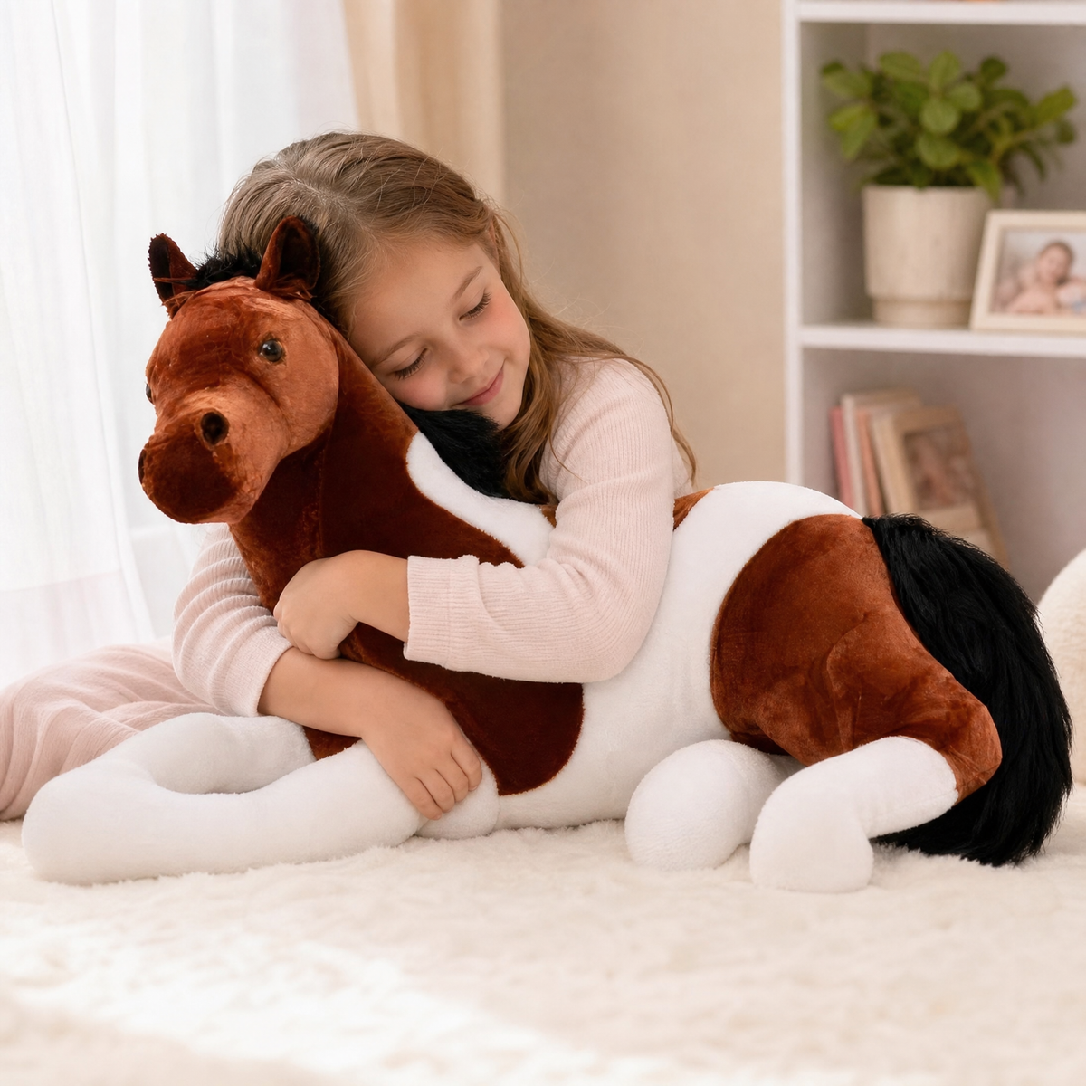 Peluche Cheval Géante Blanc Marron 70cm - Utilisation cosy intérieur