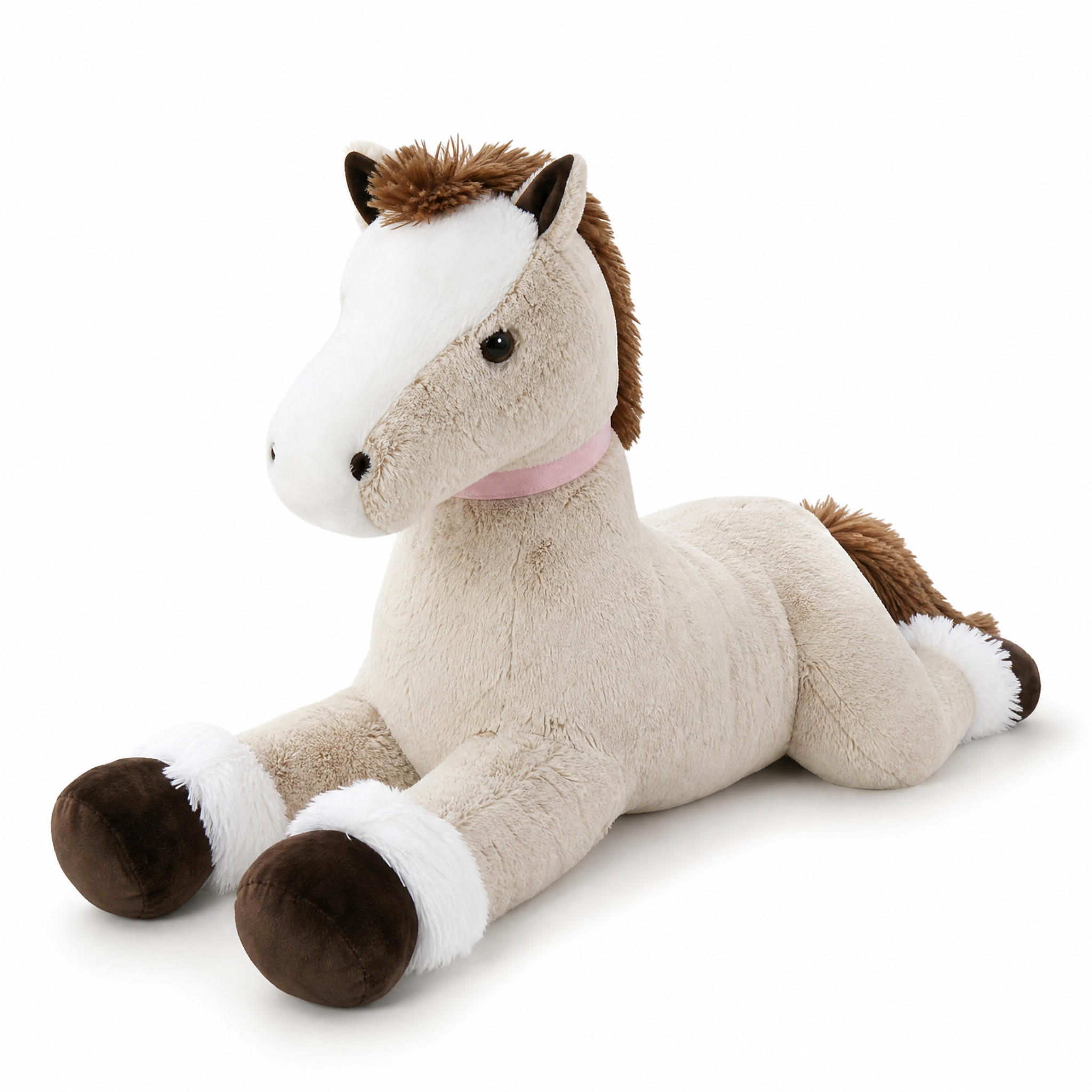 Peluche Cheval Géante Marron Blanc 90-120cm - Fond blanc frontal