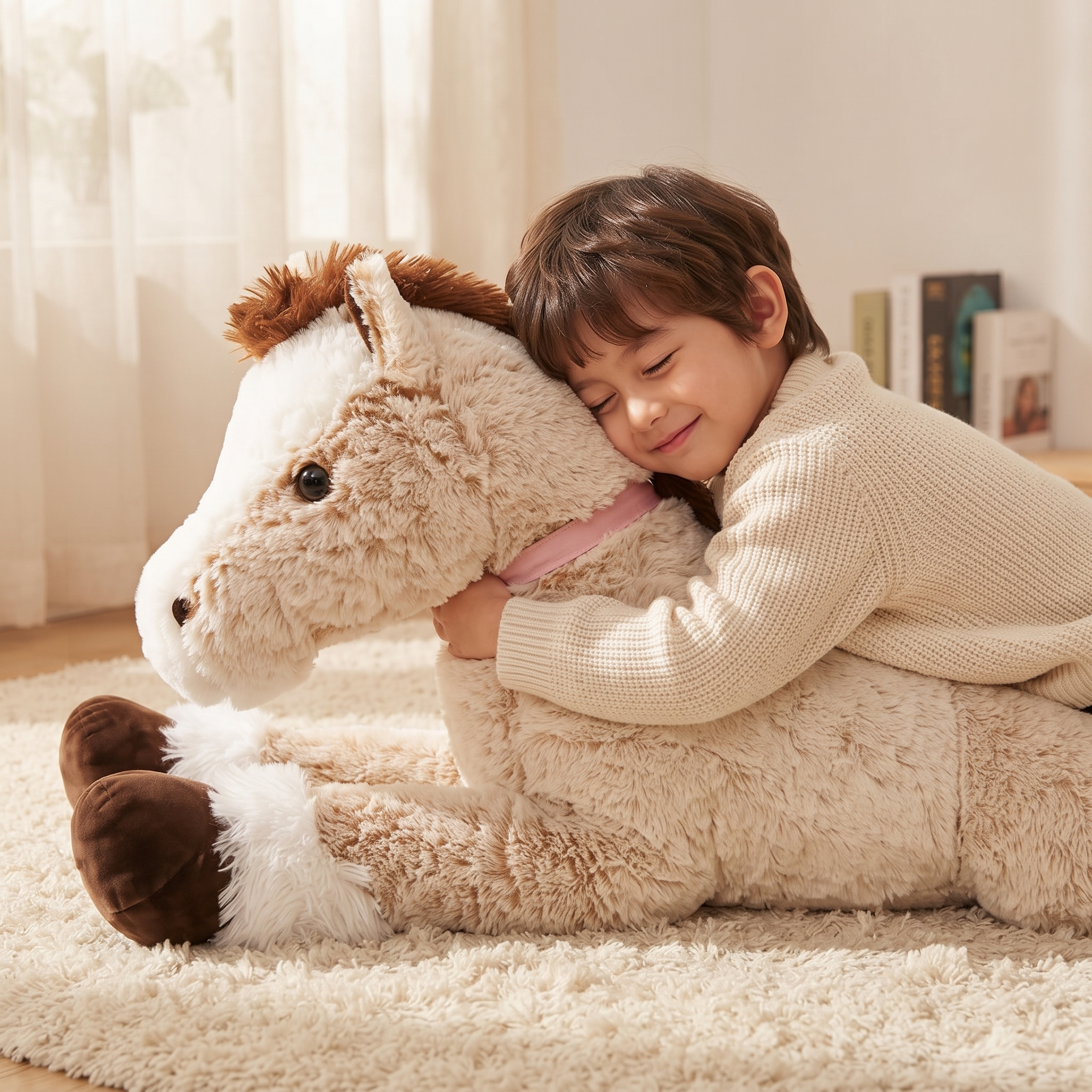 Peluche Cheval Géante Marron Blanc 90-120cm - Utilisation cosy intérieur