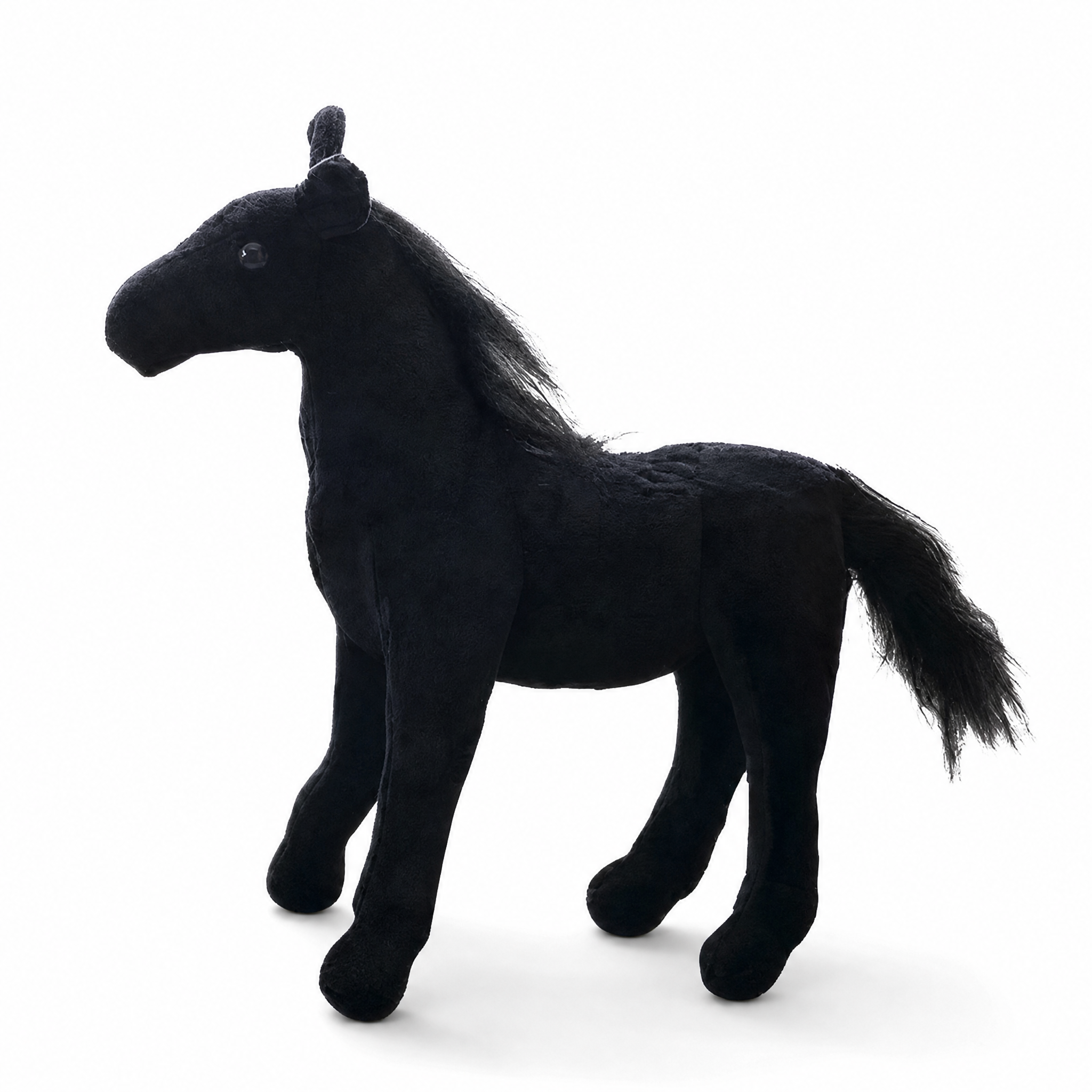 Peluche Cheval Noir à Crinière Soyeuse - Fond blanc frontal