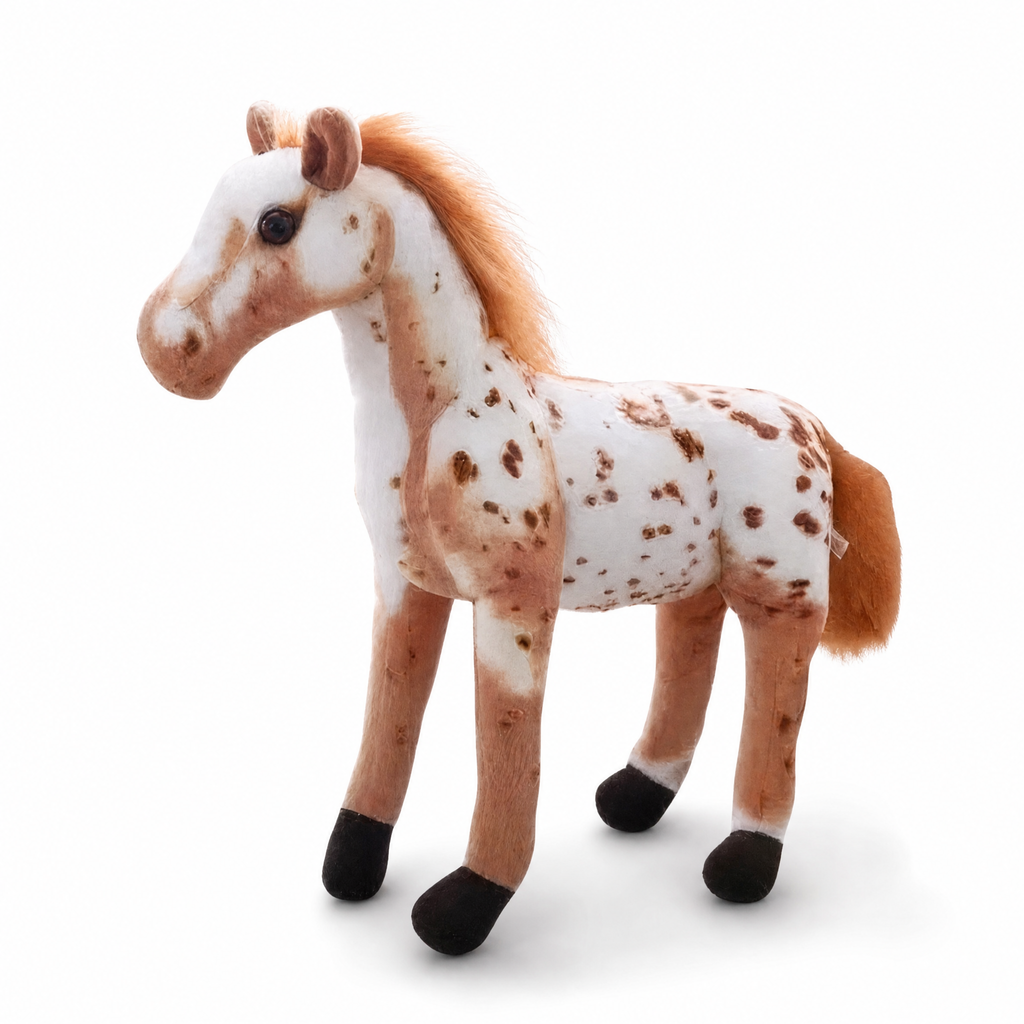 Peluche Cheval Réaliste Blanc et Marron - Fond blanc frontal