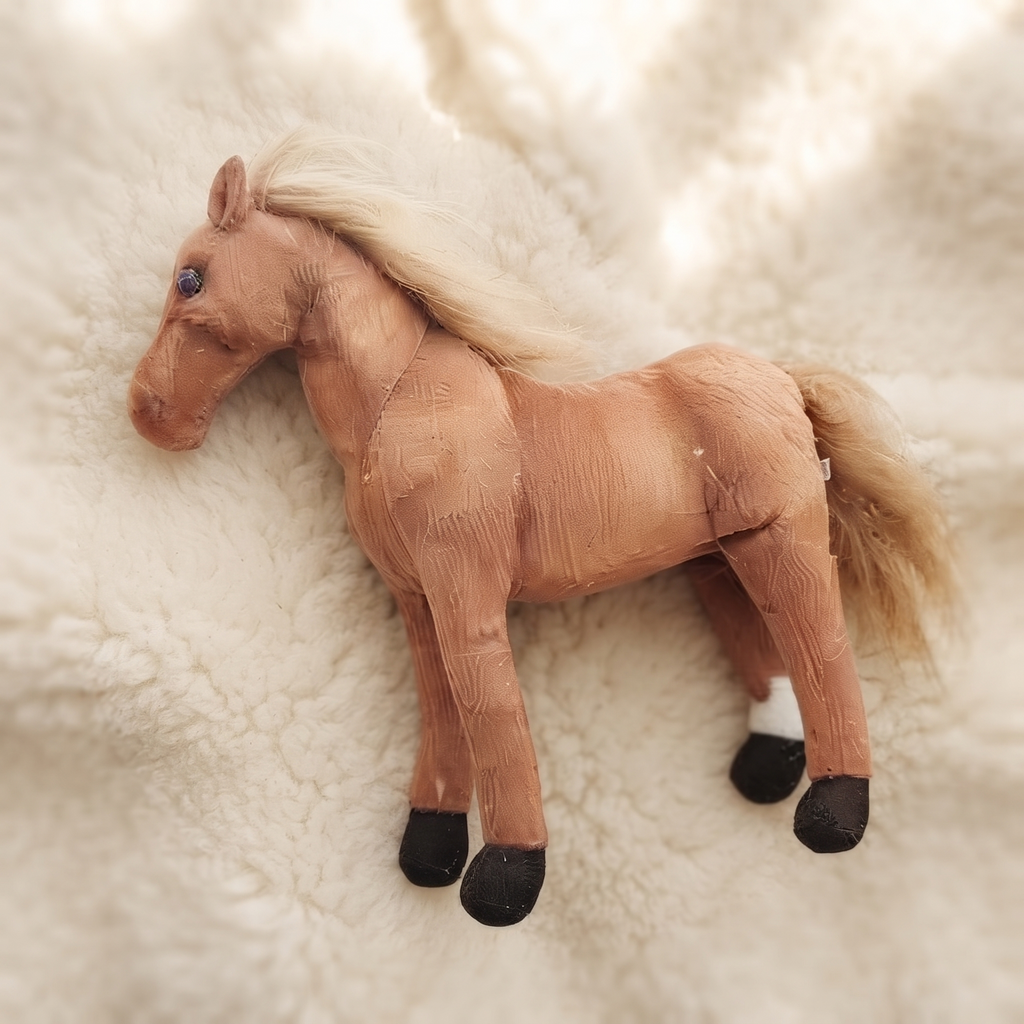 Peluche Cheval Réaliste Marron avec Crinière Blonde - Détail matière