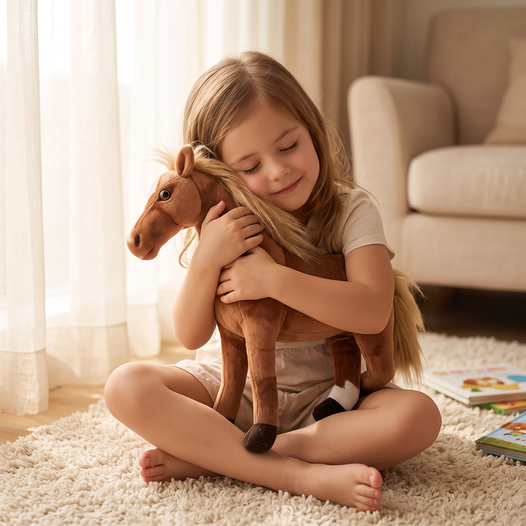 Peluche Cheval Réaliste Marron avec Crinière Blonde - Utilisation cosy intérieur