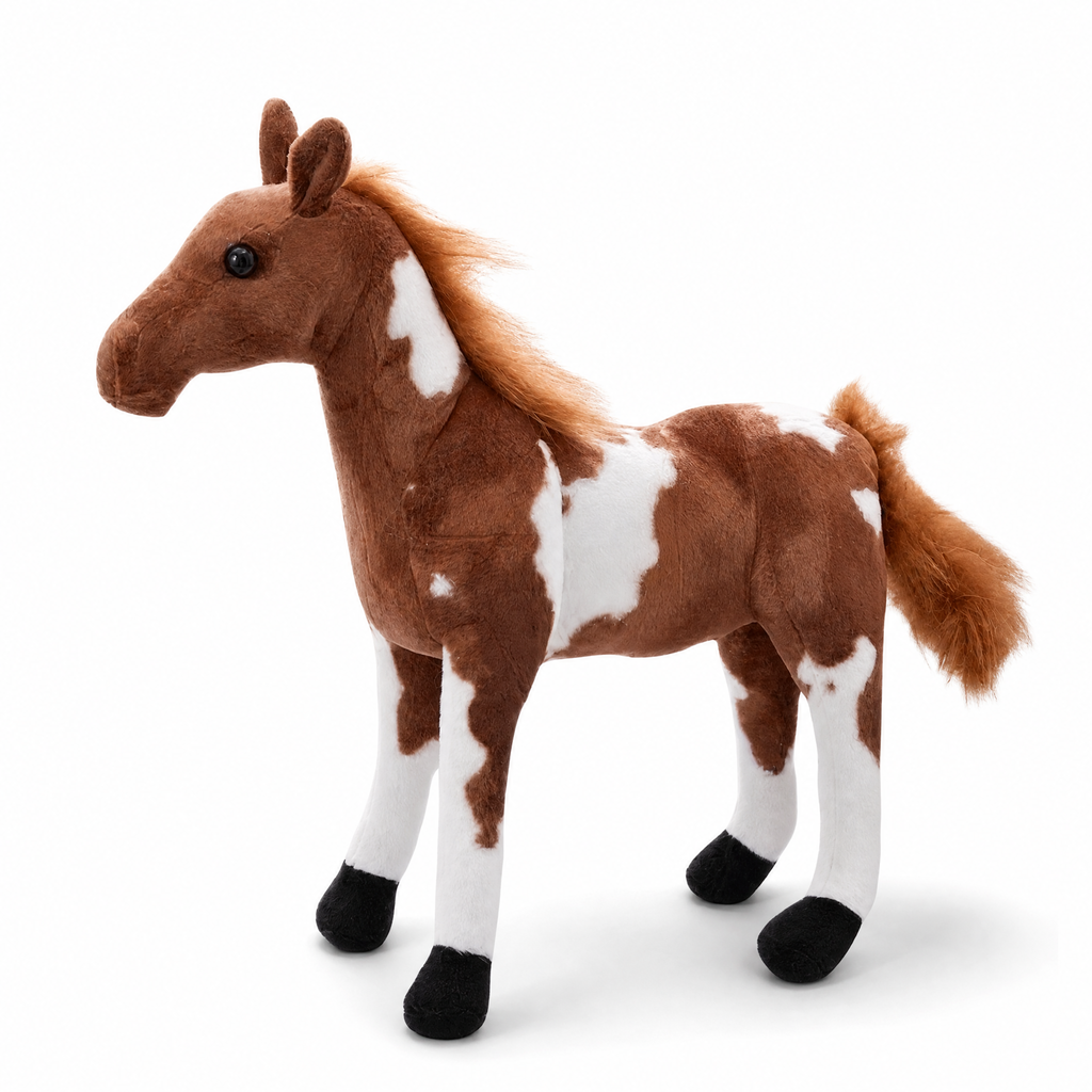 Peluche Cheval Réaliste Marron et Blanc - Fond blanc frontal