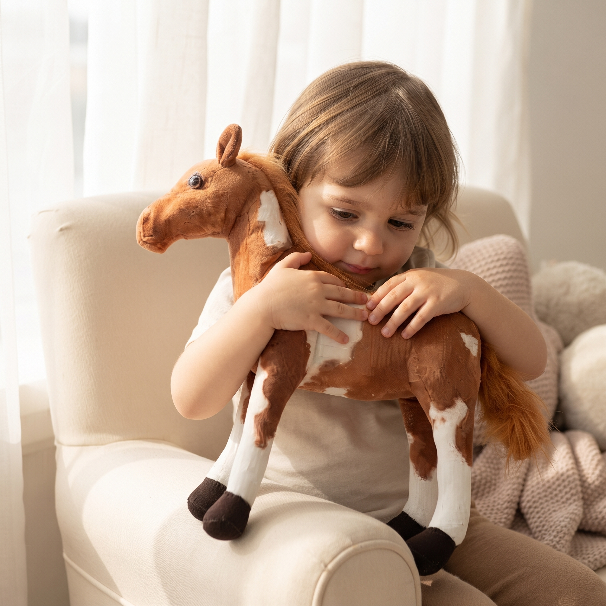 Peluche Cheval Réaliste Marron et Blanc - Utilisation cosy intérieur