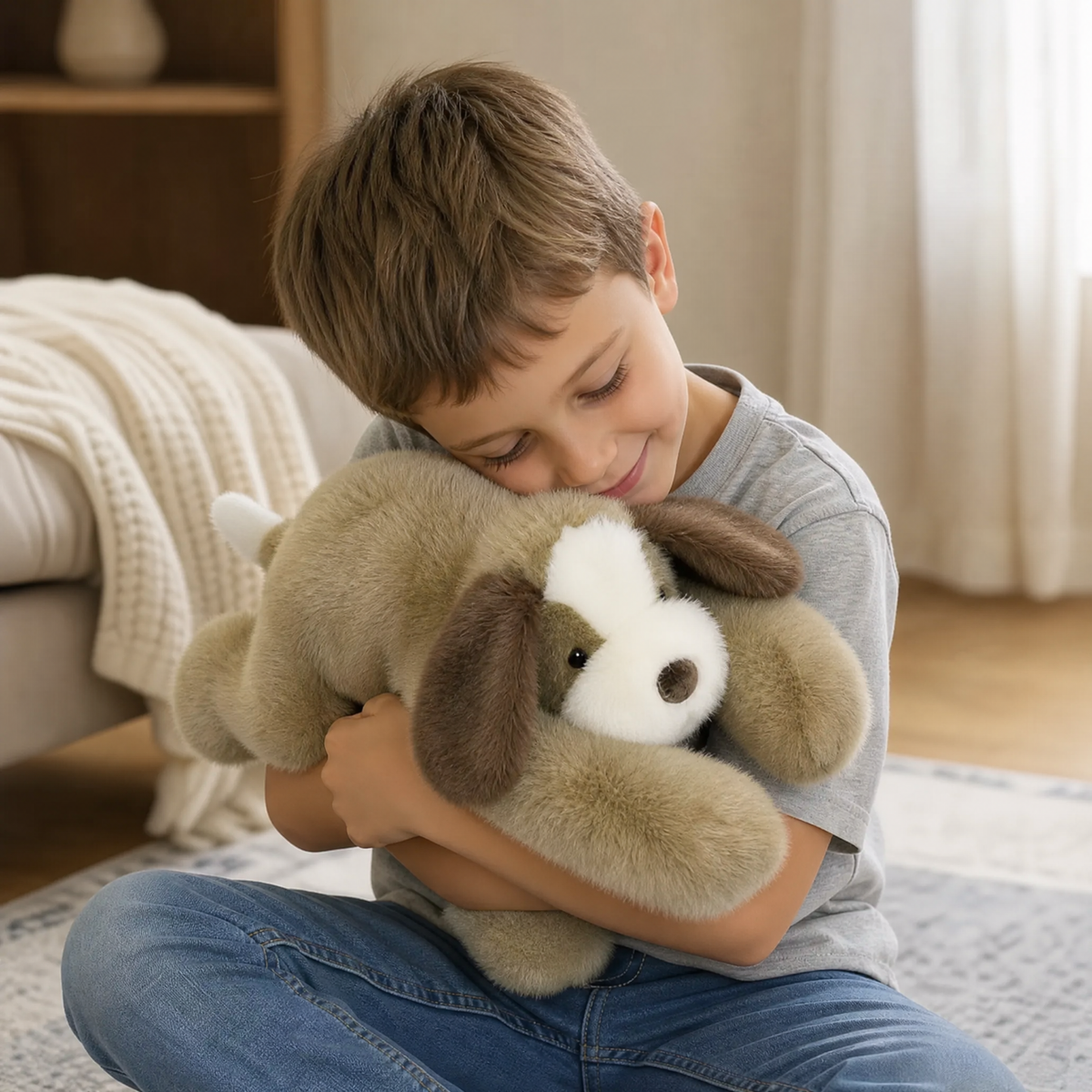 Peluche Chien Lestée Beige Apaisante - Utilisation cosy intérieur