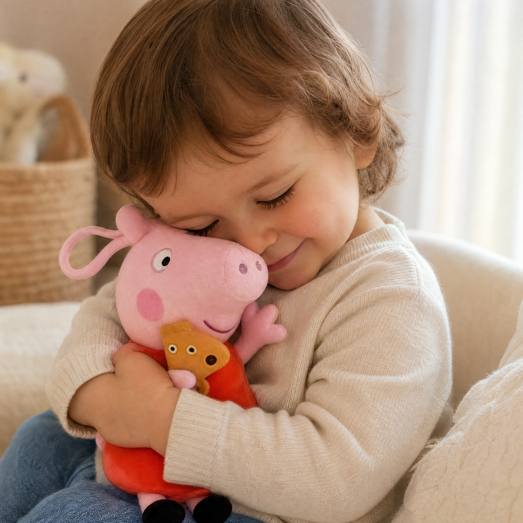 Peluche Cochon Rose Assise avec Ourson - Utilisation cosy intérieur