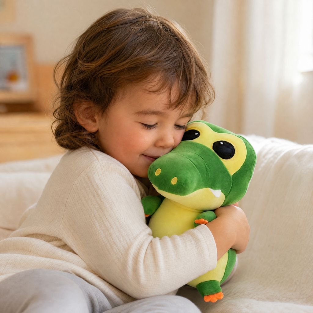 Peluche Crocodile Kawaii Vert et Jaune - Utilisation cosy intérieur
