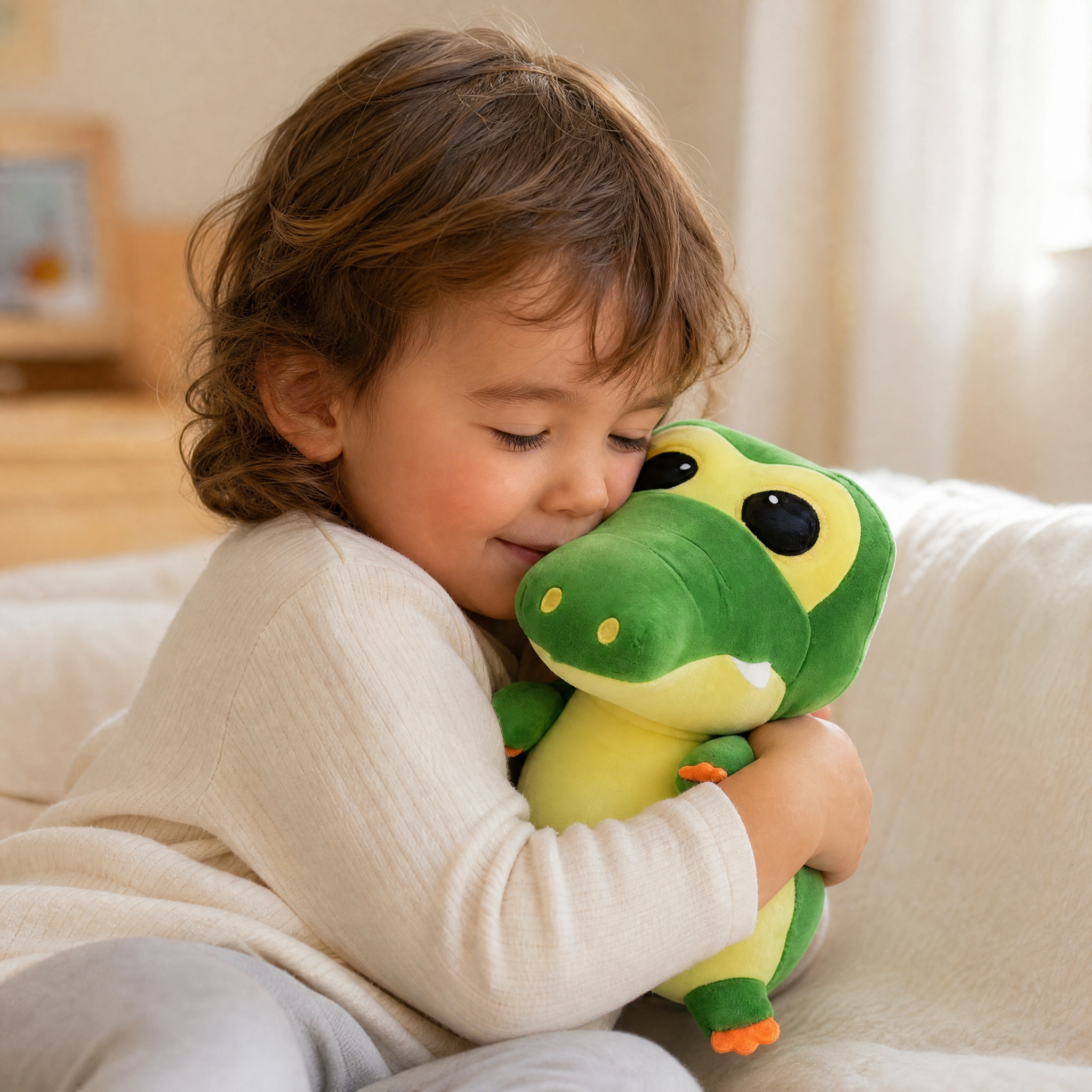 Peluche Crocodile Kawaii Vert et Jaune - Utilisation cosy intérieur