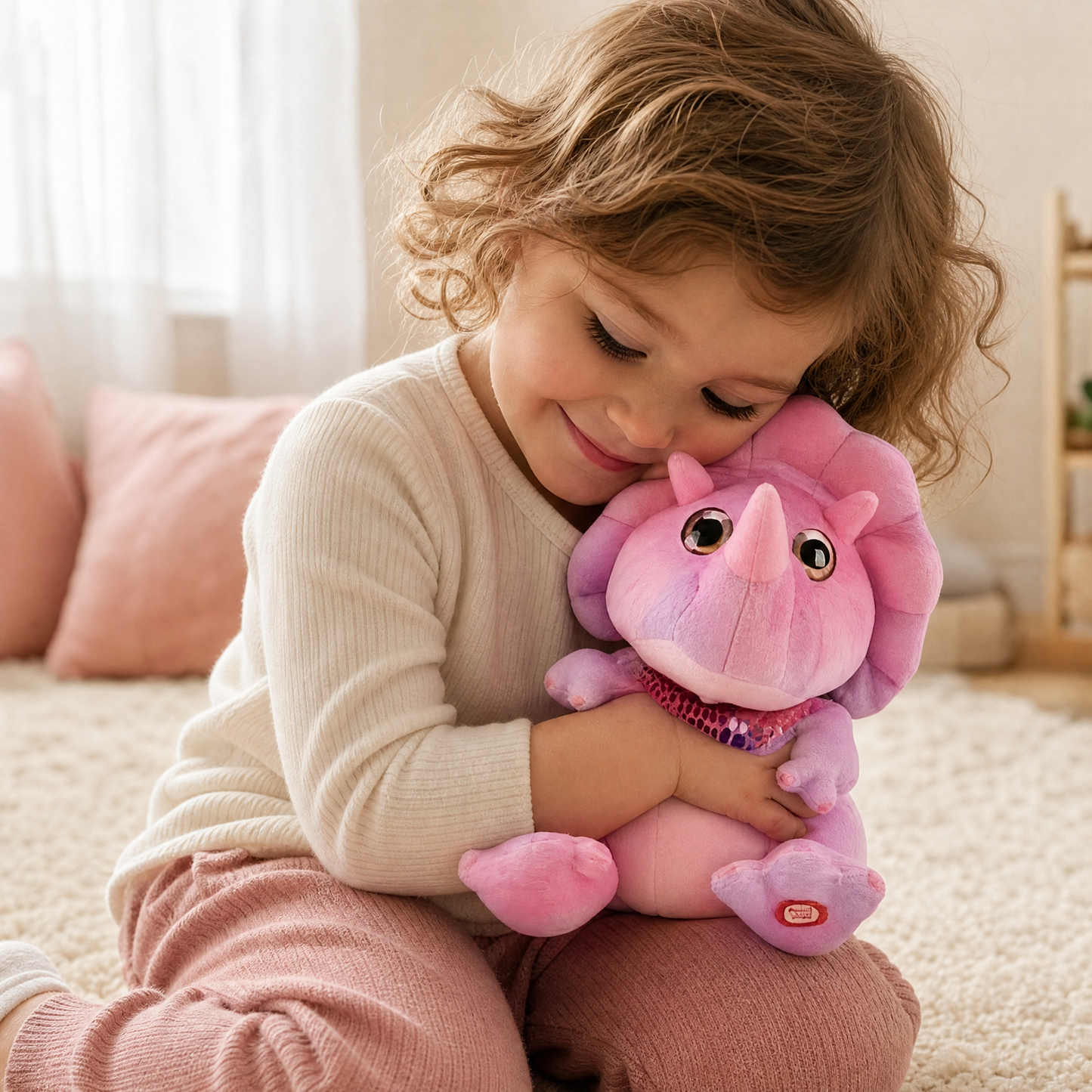 Peluche Dinosaure Interactive Rose 30cm - Utilisation cosy intérieur